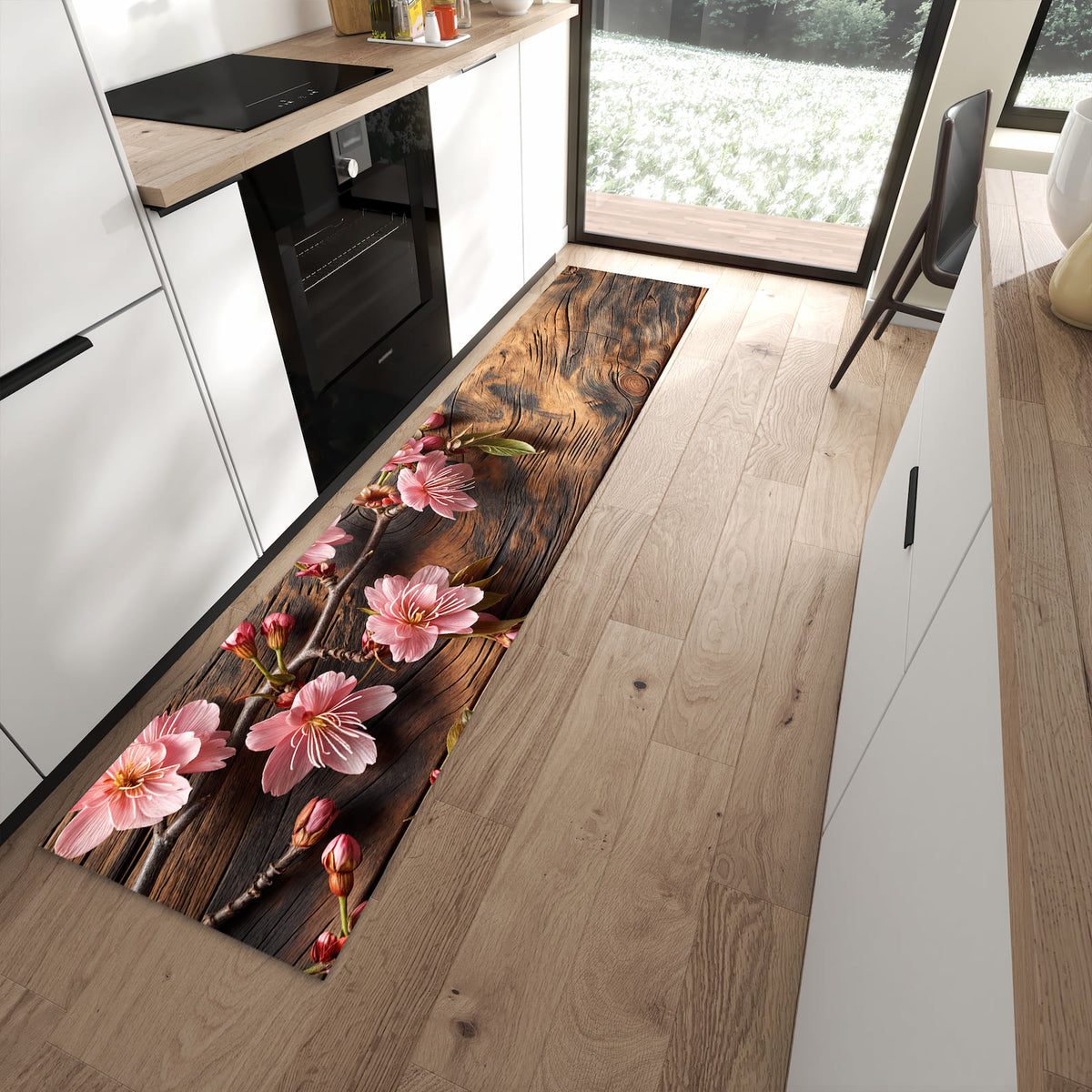 Pflegeleichter Küchenläufer mit Motiv Holzblüten in moderner Küche