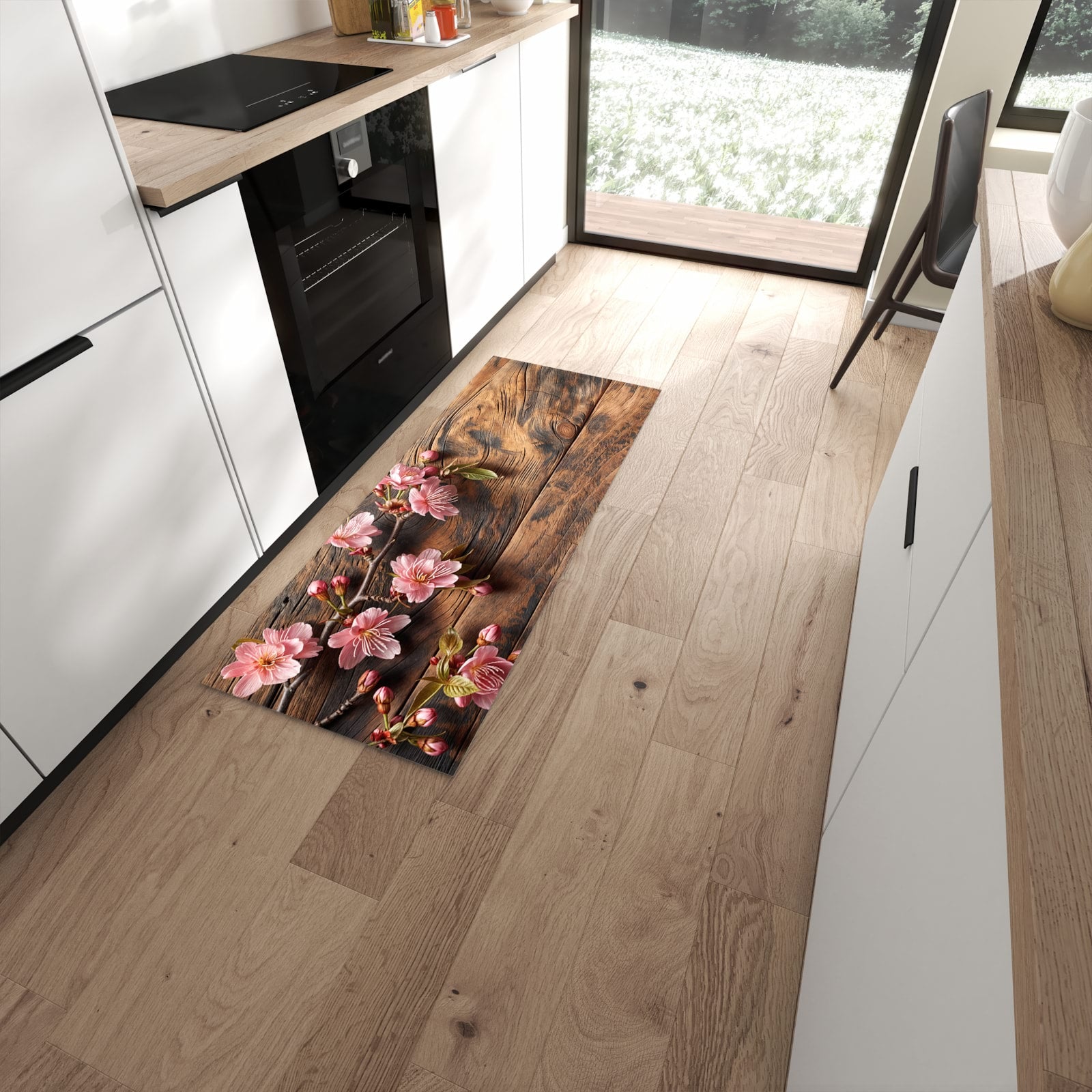 Pflegeleichter Läufer für die Küche mit Motiv Holzblüten in moderner Küche #grösse_60 x 150 cm
