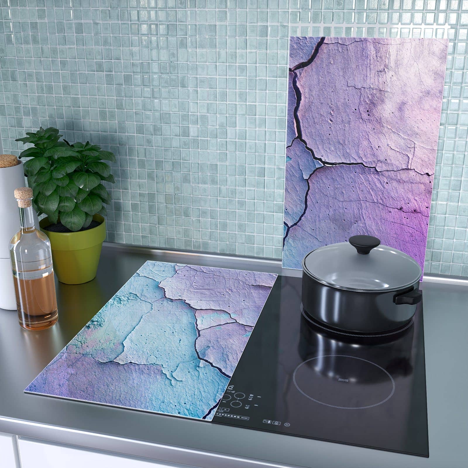 2-teilige Abdeckplatten mit Rissige Oberfläche Detail-Motiv als Spritzschutz hinter dem Kochfeld