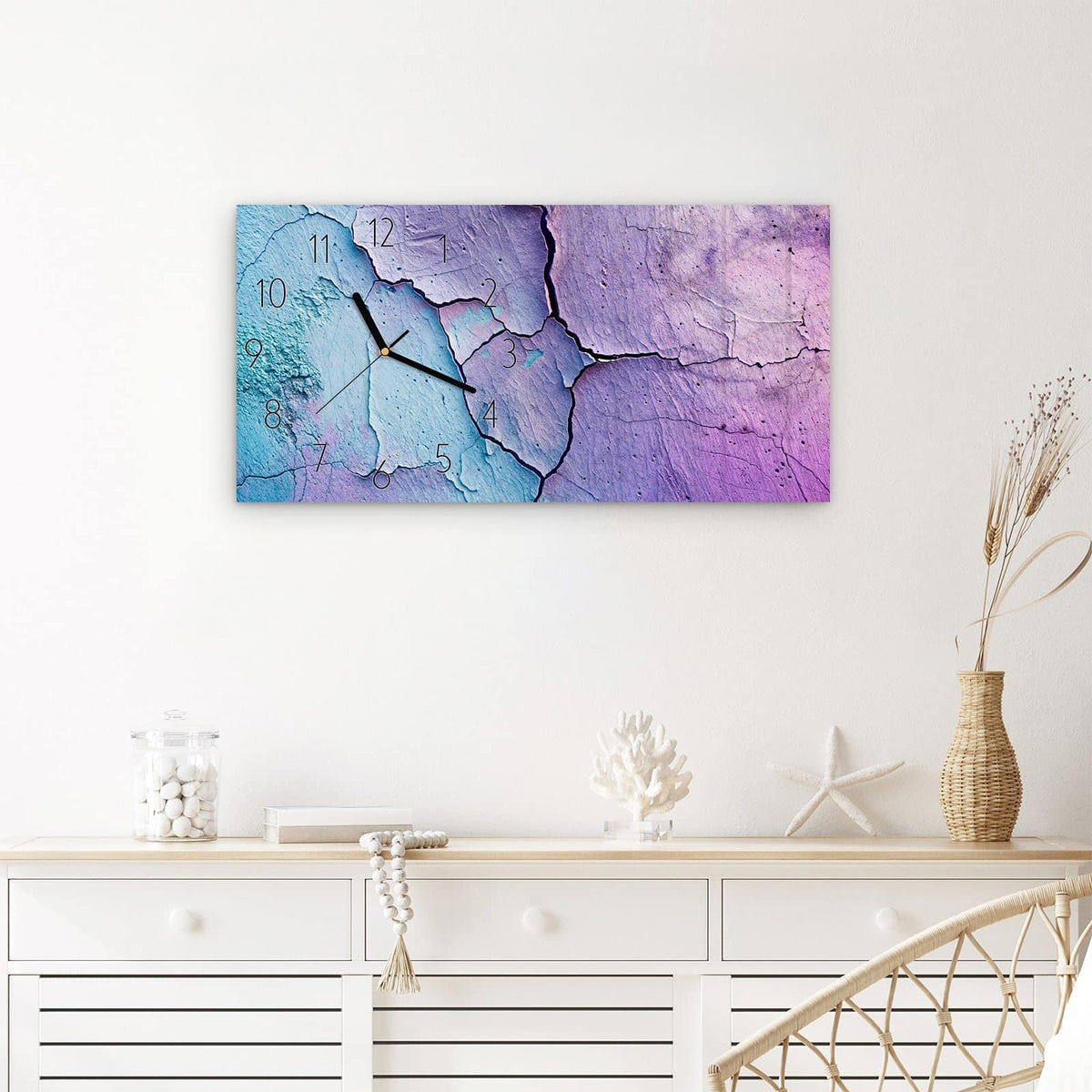 Wanduhr Rissige Oberfläche Detail aus Glas – Querformat 60 × 30 cm – Rissige Struktur in Violett