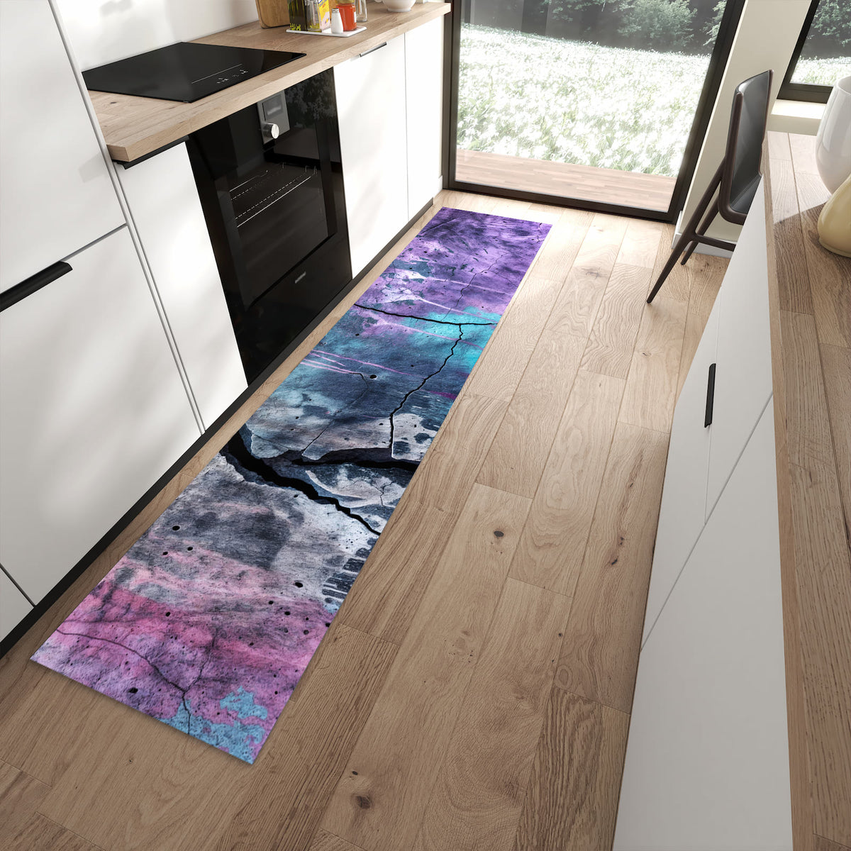 Hygienischer Küchenteppich mit Motiv Graffiti Wand Kunst in moderner Küche - waschbar
