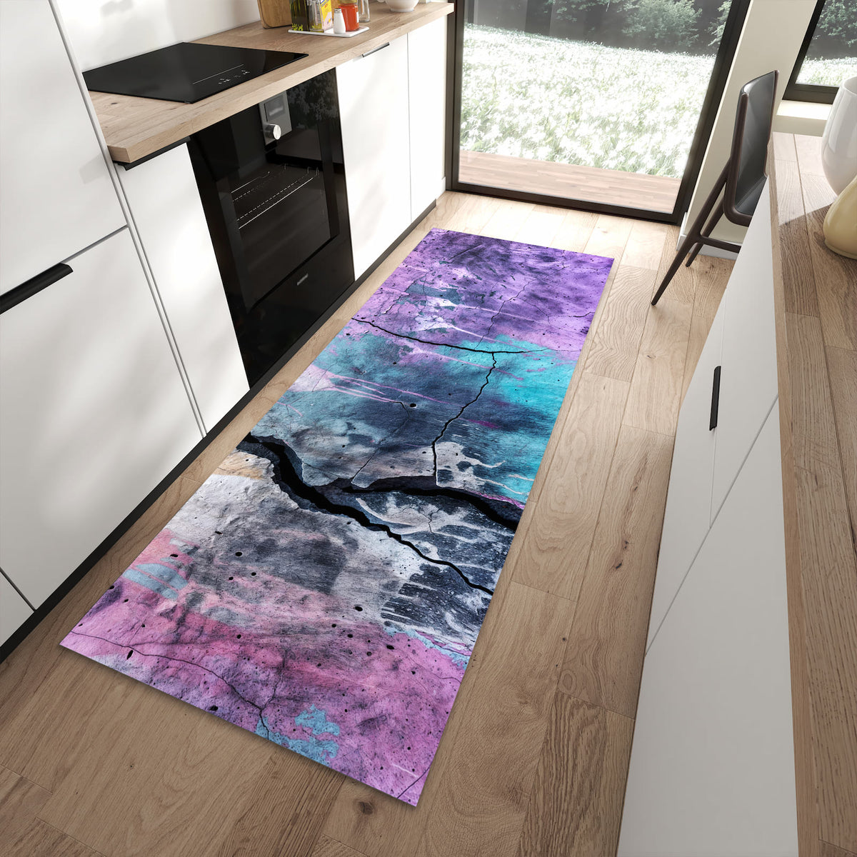Bodenschonender rutschfester Küchenläufer mit Motiv Graffiti Wand Kunst in moderner Küche