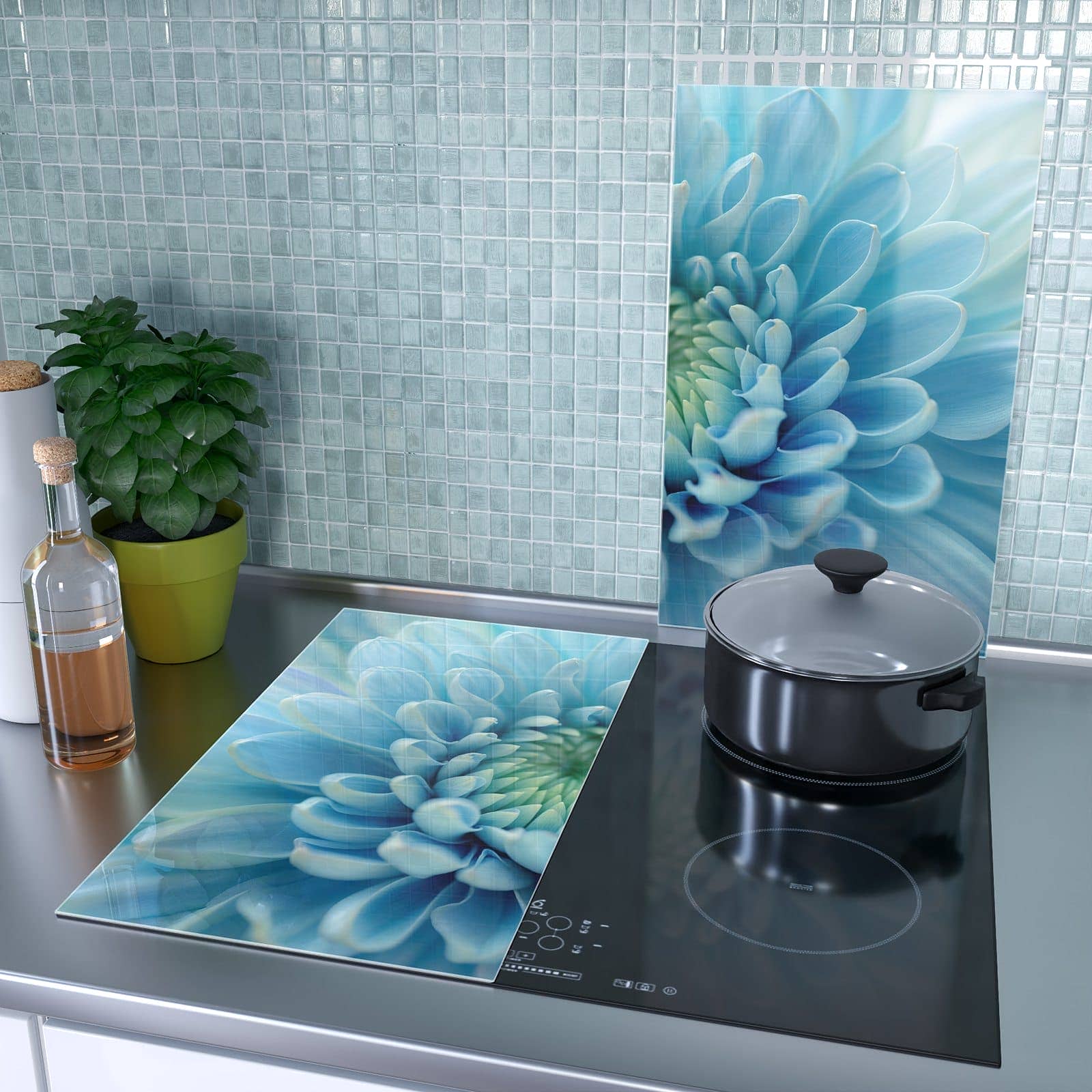 2-teilige Abdeckplatte Induktionsherd mit Sanfte Blütenzauber-Motiv als Spritzschutz hinter dem Kochfeld