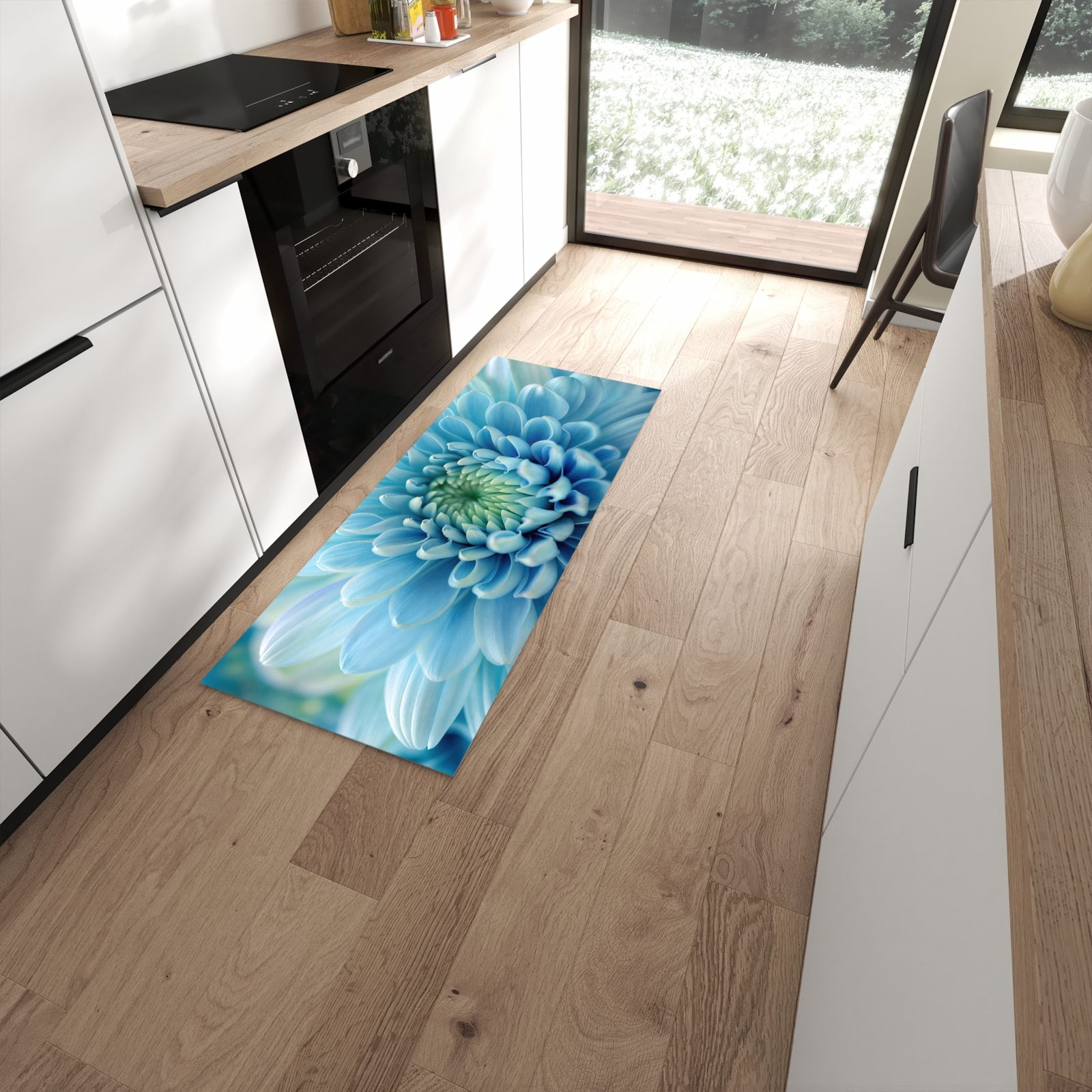 Rutschfester dünner Teppich mit Motiv Sanfte Blütenzauber spart Zeit in moderner Küche #grösse_60 x 150 cm