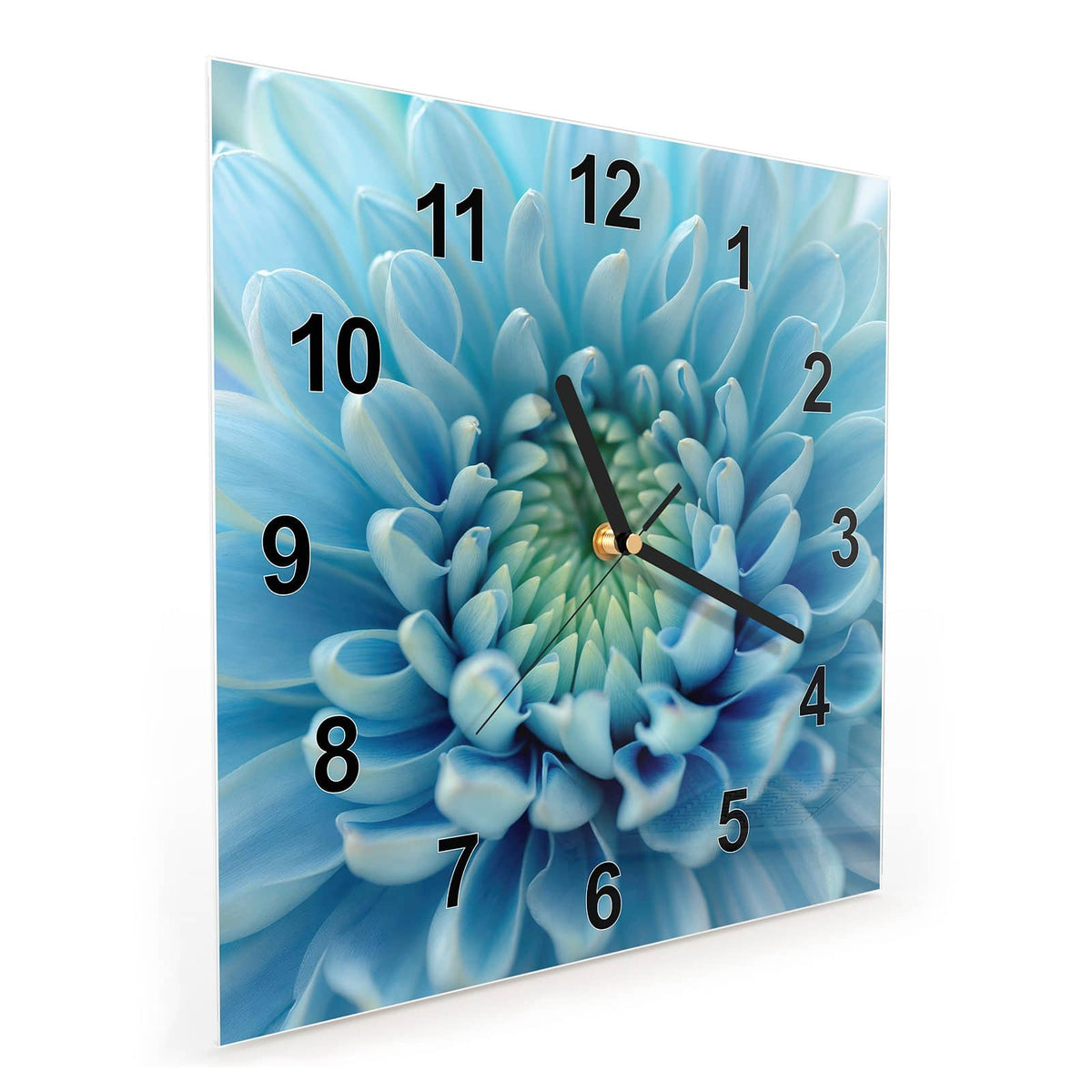Quadratische Wanduhr aus Glas Helle Chrysantheme schräg von der Seite, 4 mm starkes Glas