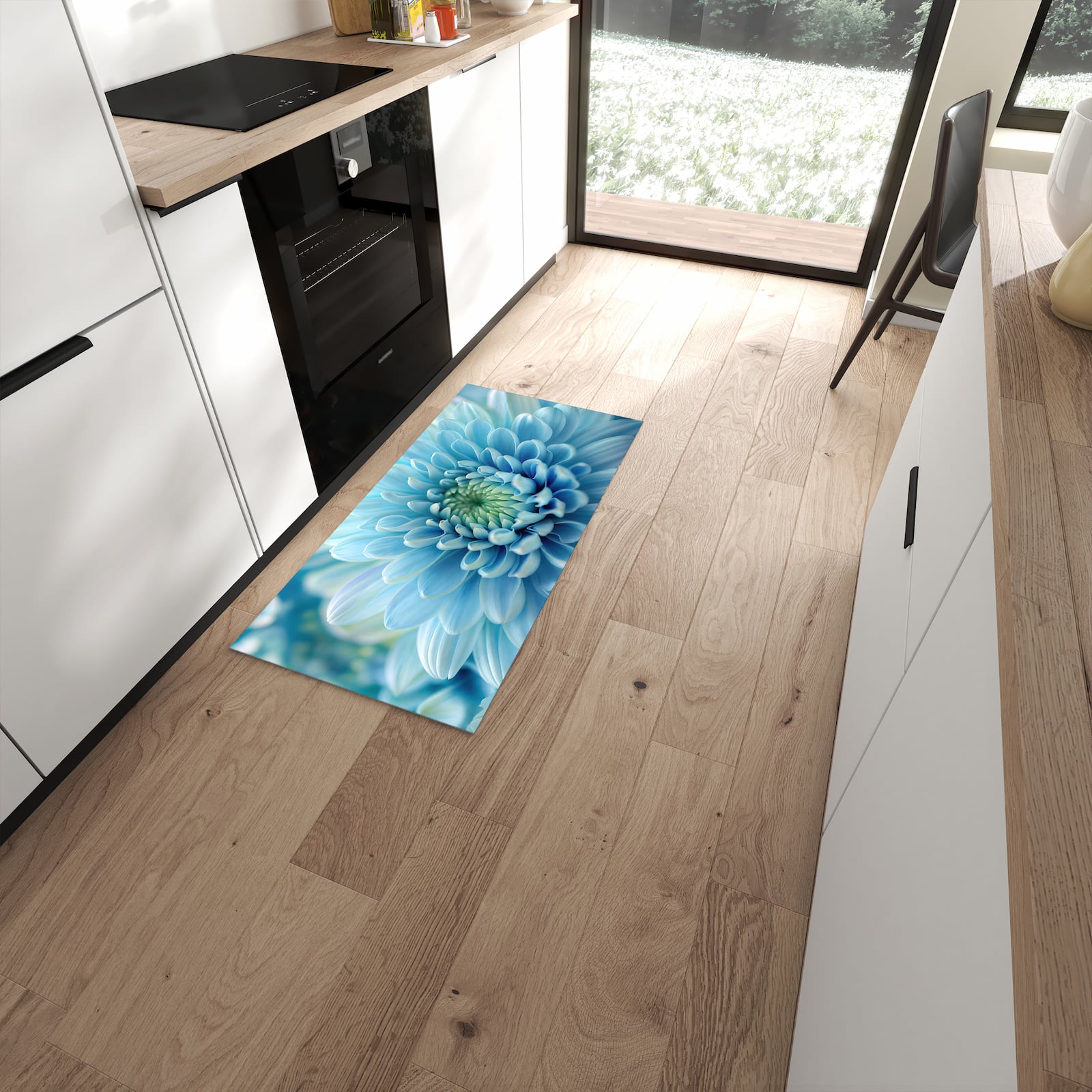 Dünner Küchenteppich mit Motiv Sanfte Blütenzauber in moderner Küche für sicheres Aufbewahren #grösse_60 x 120 cm