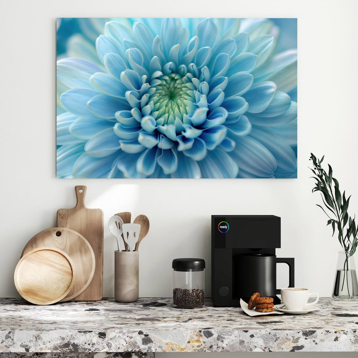 Metall Magnettafel - Helle Chrysantheme – Blaue Blüte in Spiralform