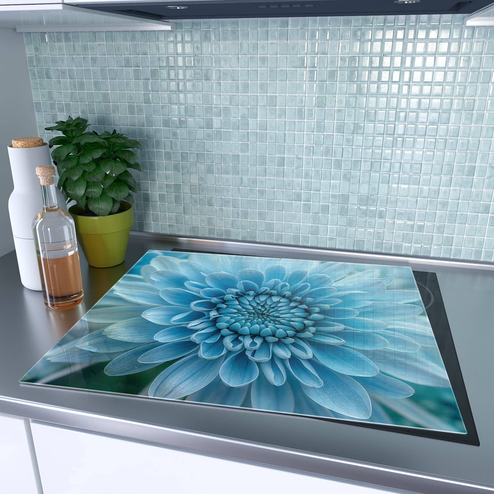 1-teilige Herdabdeckung aus Glas mit Blaue Blüte Makro-Motiv auf dem Ceranfeld
