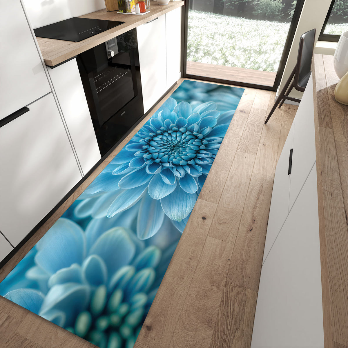 Bodenschonender langer Teppich mit Motiv Blume von Blaue in moderner Küche
