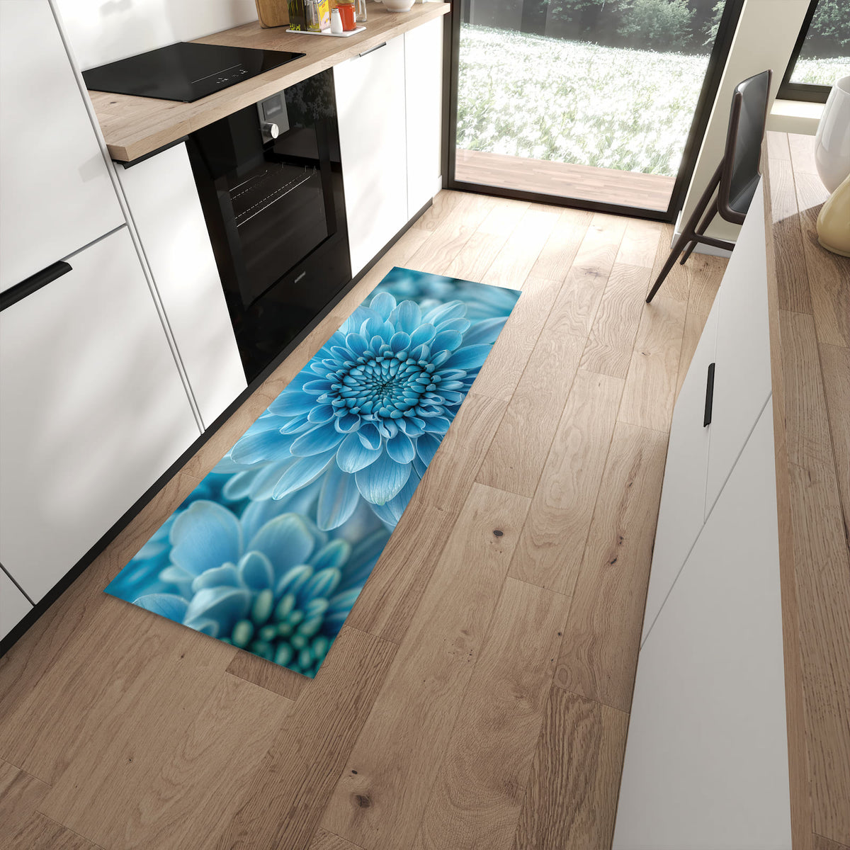 Hygienischer Küchenteppich mit Motiv Blume von Blaue in moderner Küche