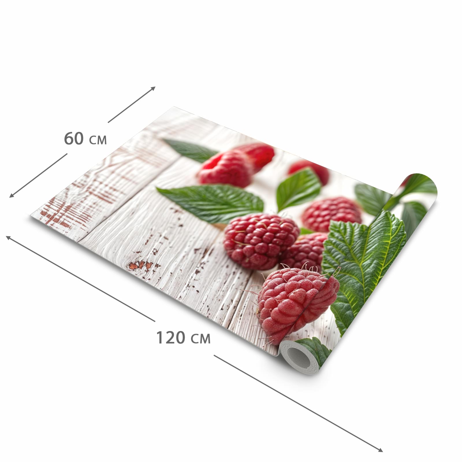 Waschbarer Küchenteppich mit Motiv Himbeeren Holztisch in der Grösse 80x200 cm für Trittkomfort