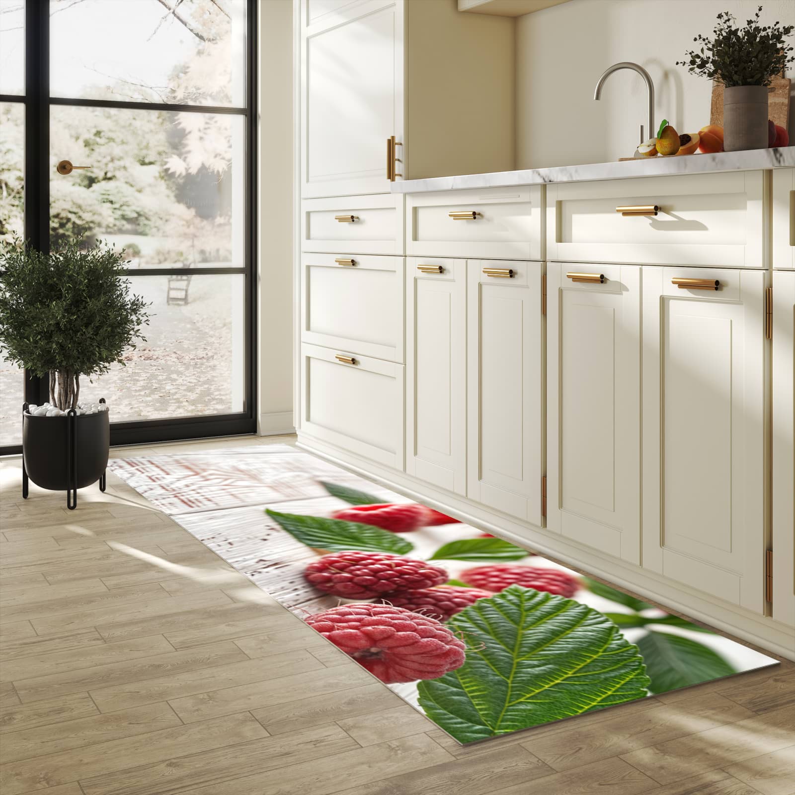 Hygienischer Bodenläufer Teppich mit Motiv Himbeeren Holztisch in heller Küche