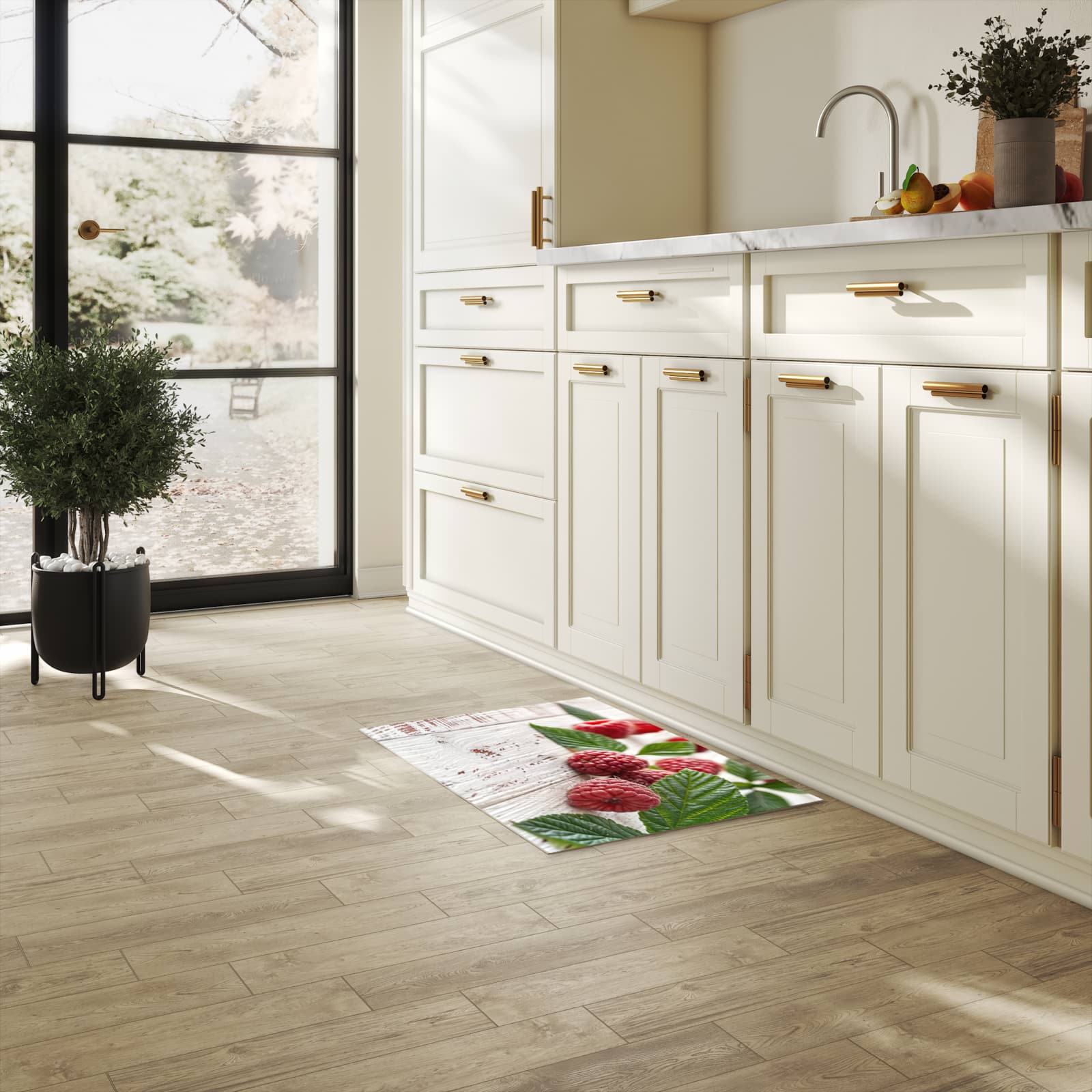 Rutschfester Teppich für Esstisch mit Motiv Himbeeren Holztisch in heller Küche