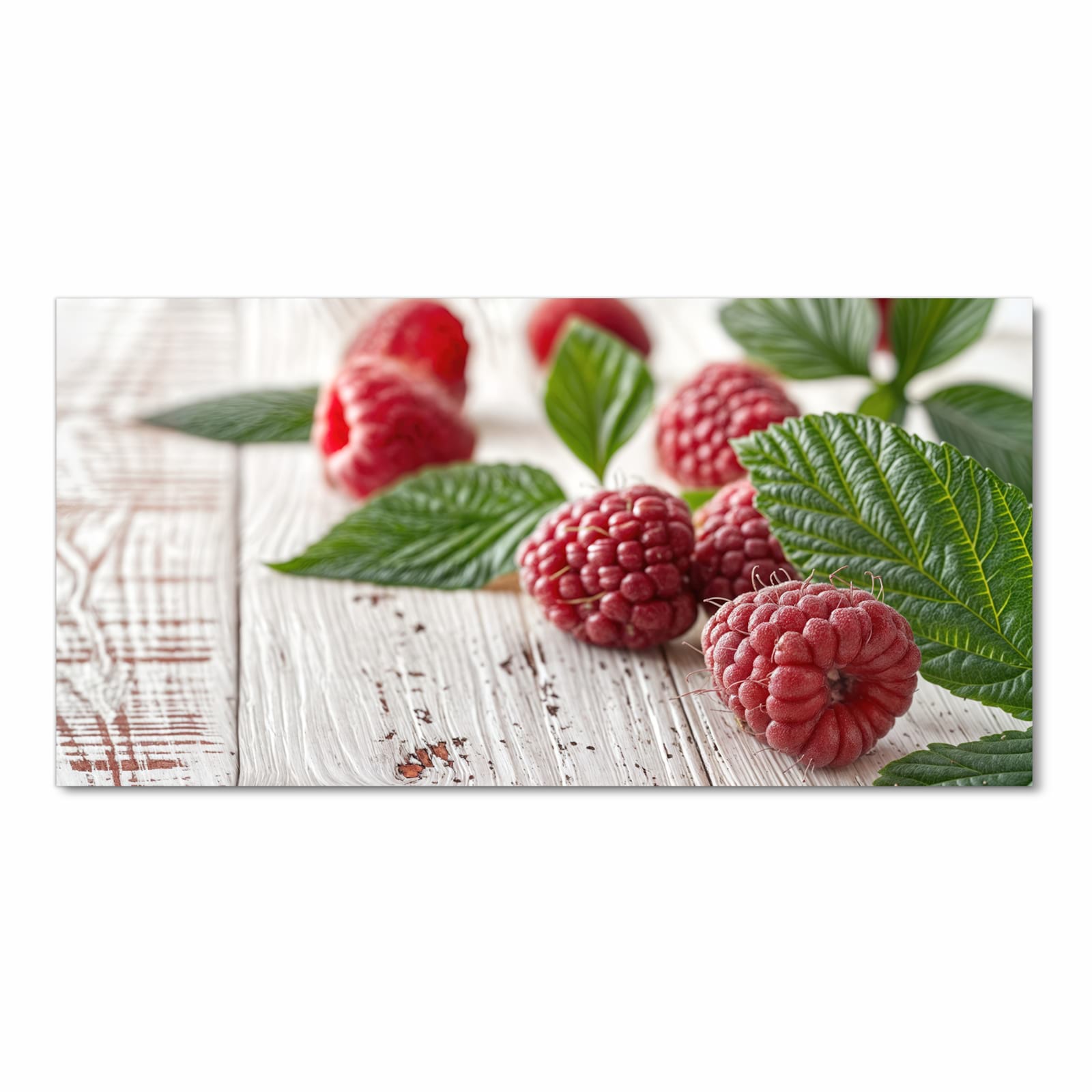 Pflegeleichter langer Teppich mit Motiv Himbeeren Holztisch in Frontansicht für den Flur