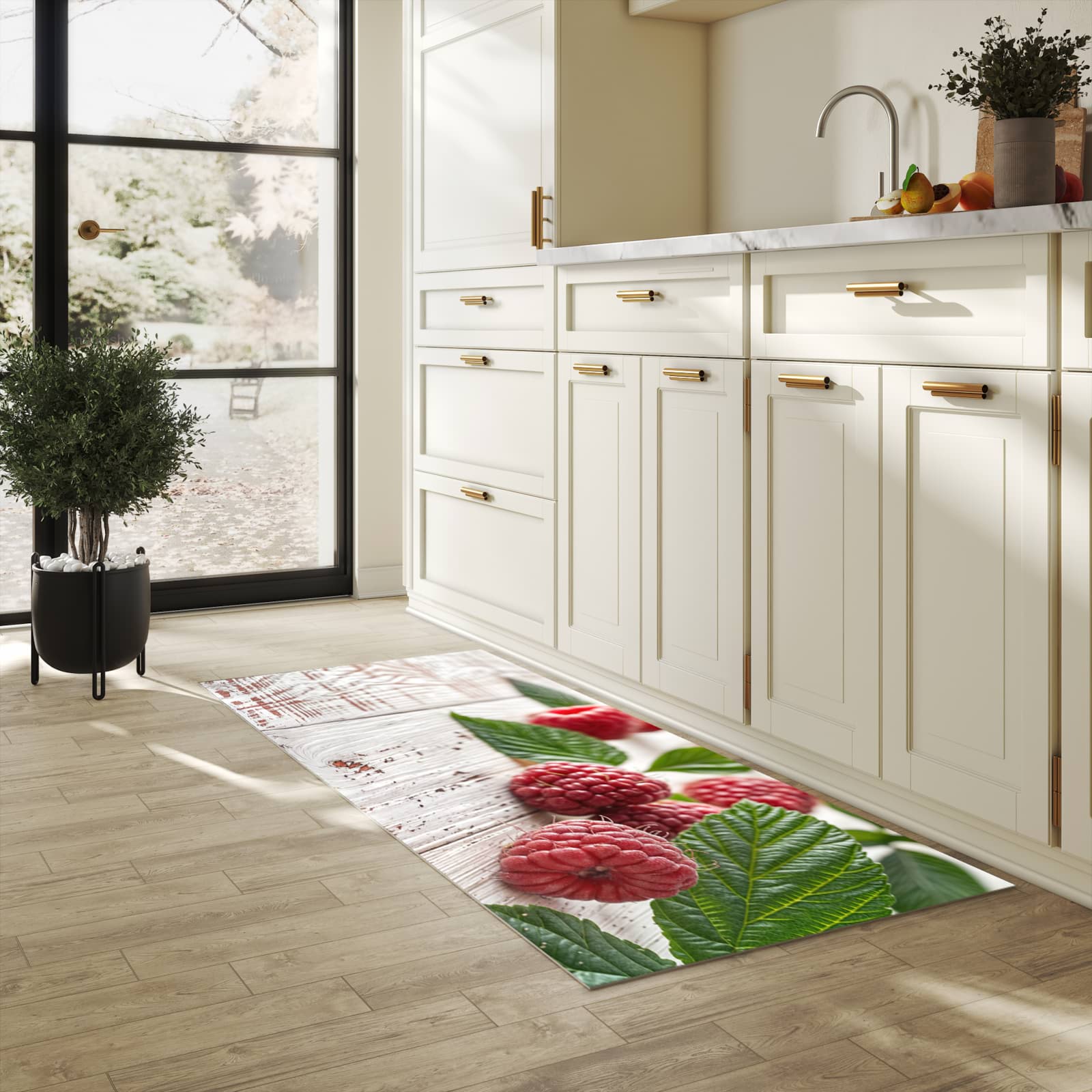 Pflegeleichter rutschfester Küchenteppich mit Motiv Himbeeren Holztisch in heller Küche