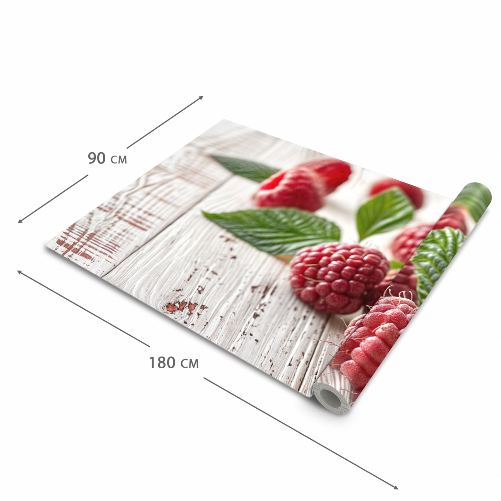 Waschbarer Küchenläufer mit Motiv Himbeeren Holztisch in der Grösse 80x200 cm für angenehme Haptik