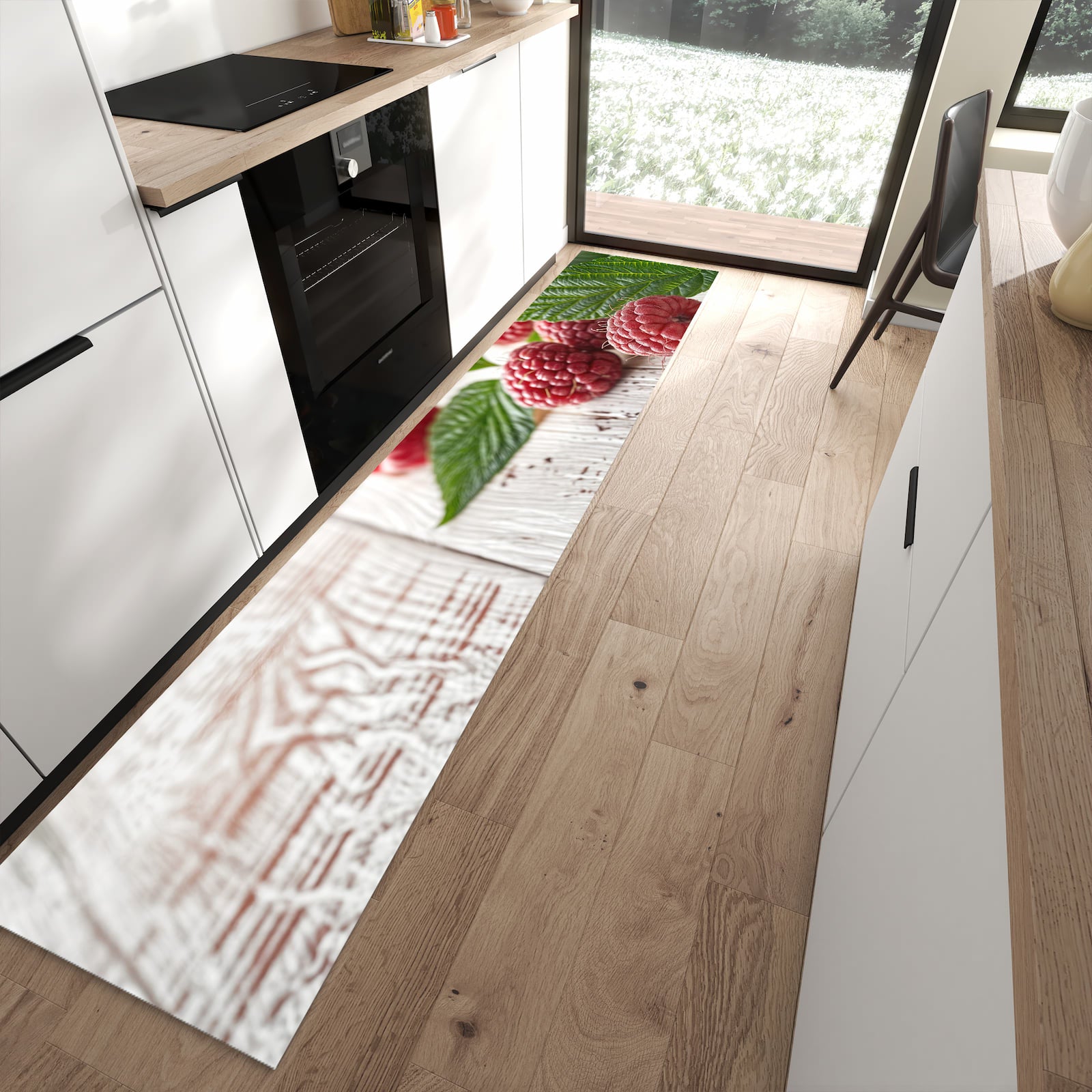 Fleckenresistenter Küchenteppich mit Motiv Himbeeren Holztisch in moderner Küche