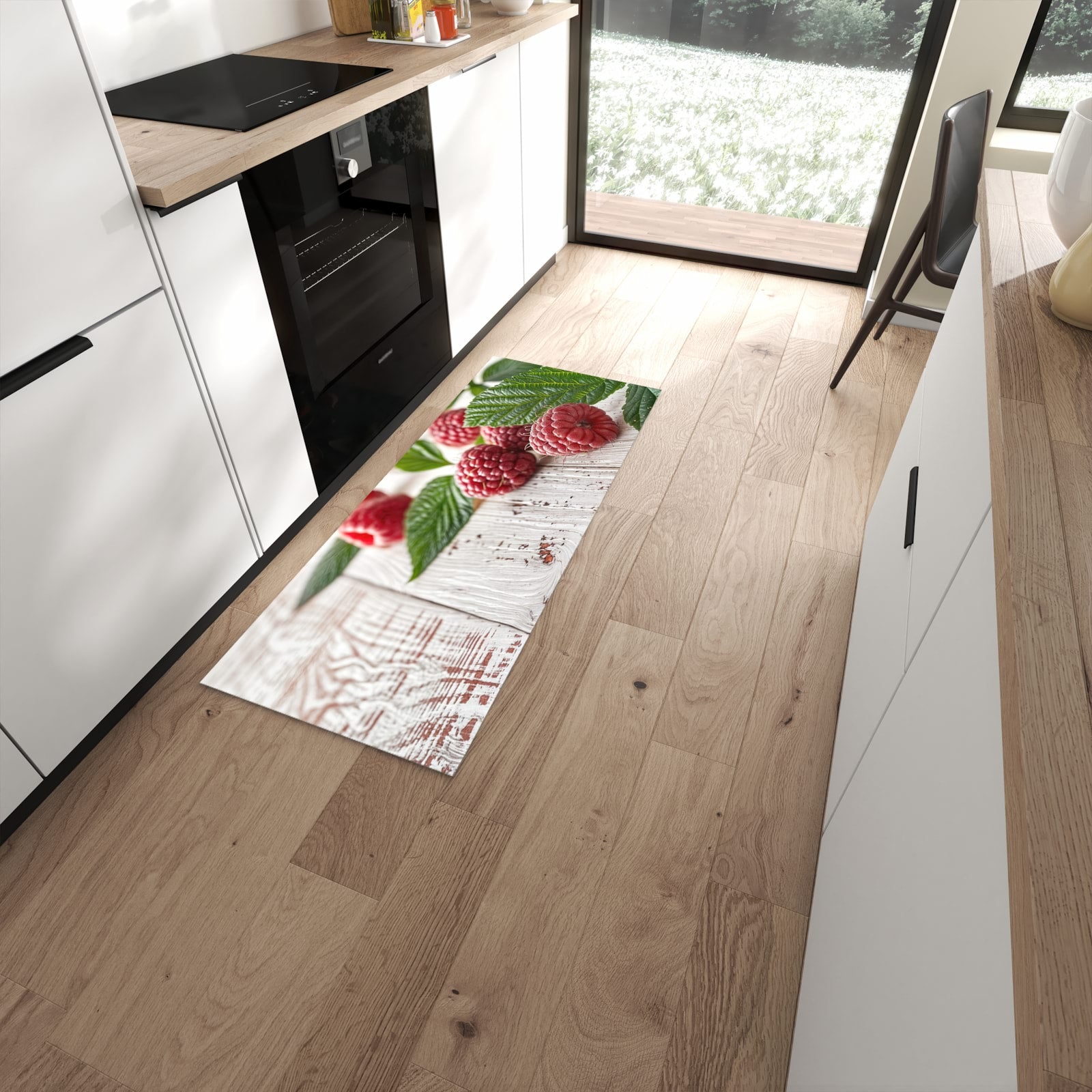 Abriebfester moderner Küchenläufer mit Motiv Himbeeren Holztisch in moderner Küche #grösse_60 x 150 cm