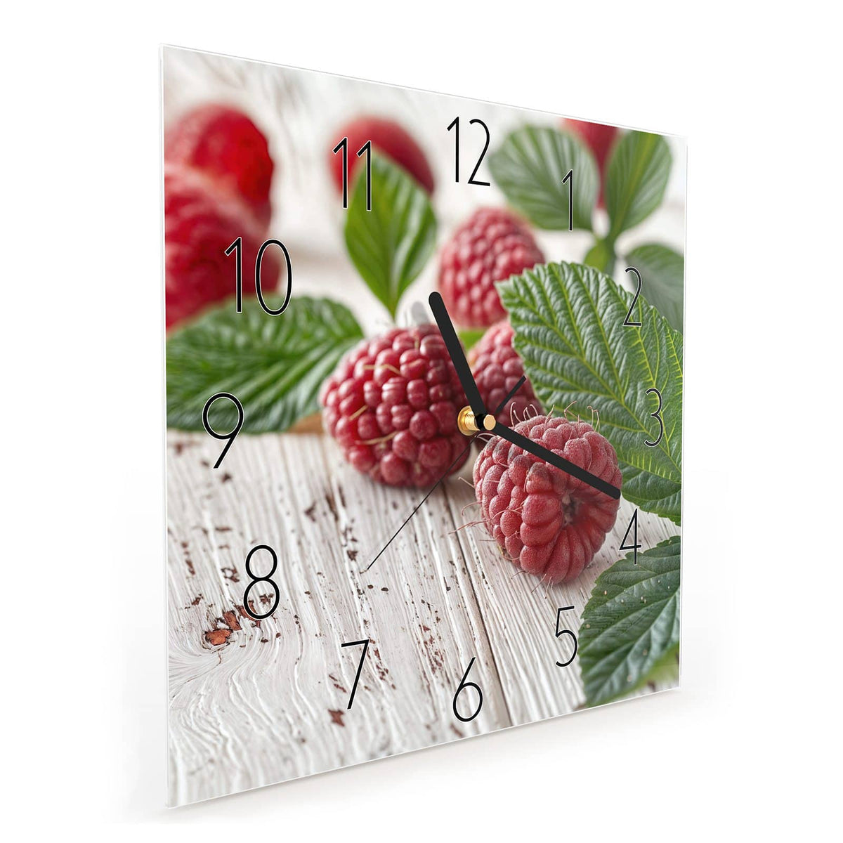 Quadratische Wanduhr aus Glas Himbeeren auf Weiß schräg von der Seite, 4 mm starkes Glas
