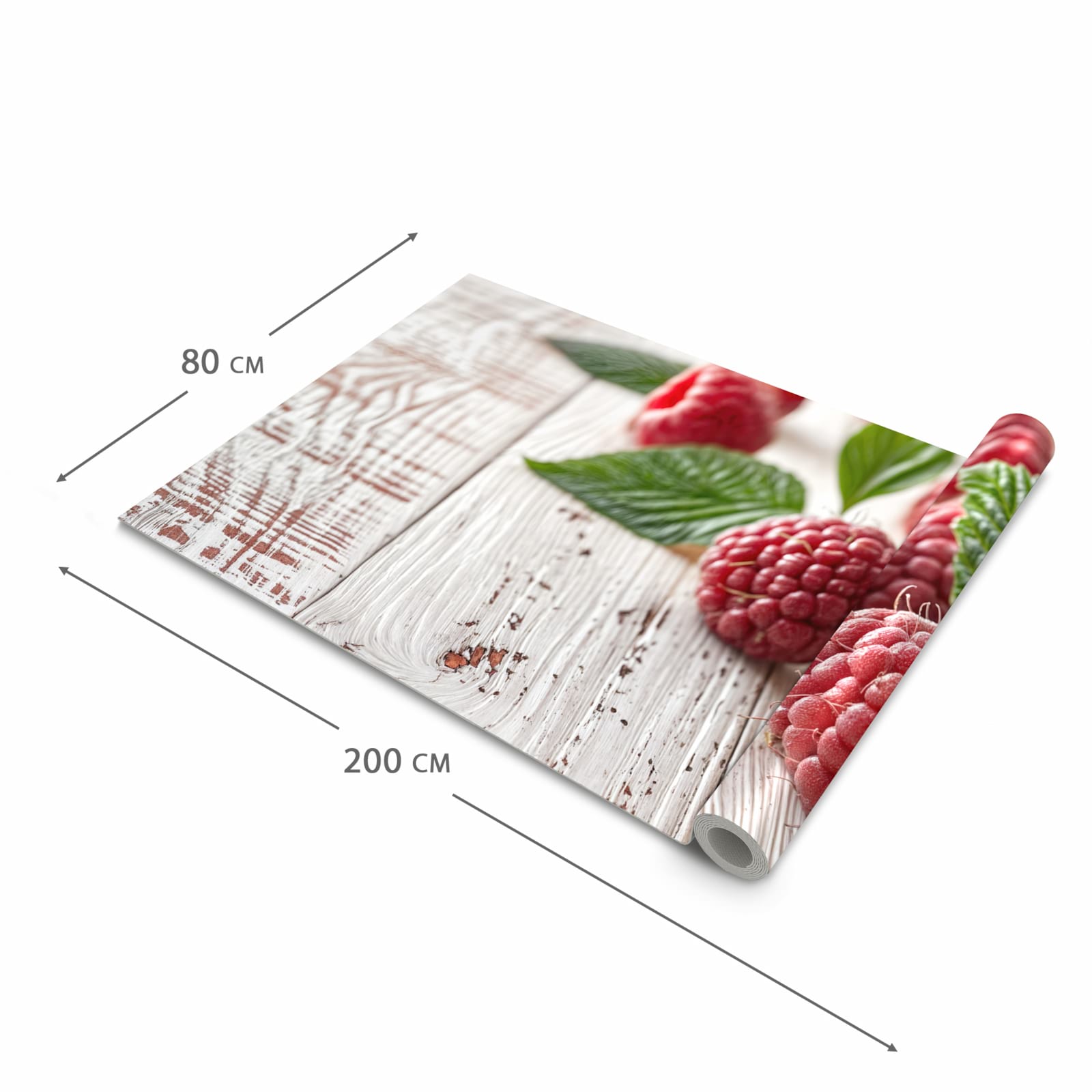 Pflegeleichter waschbarer Küchenläufer mit Motiv Himbeeren Holztisch in der Grösse 80x200 cm