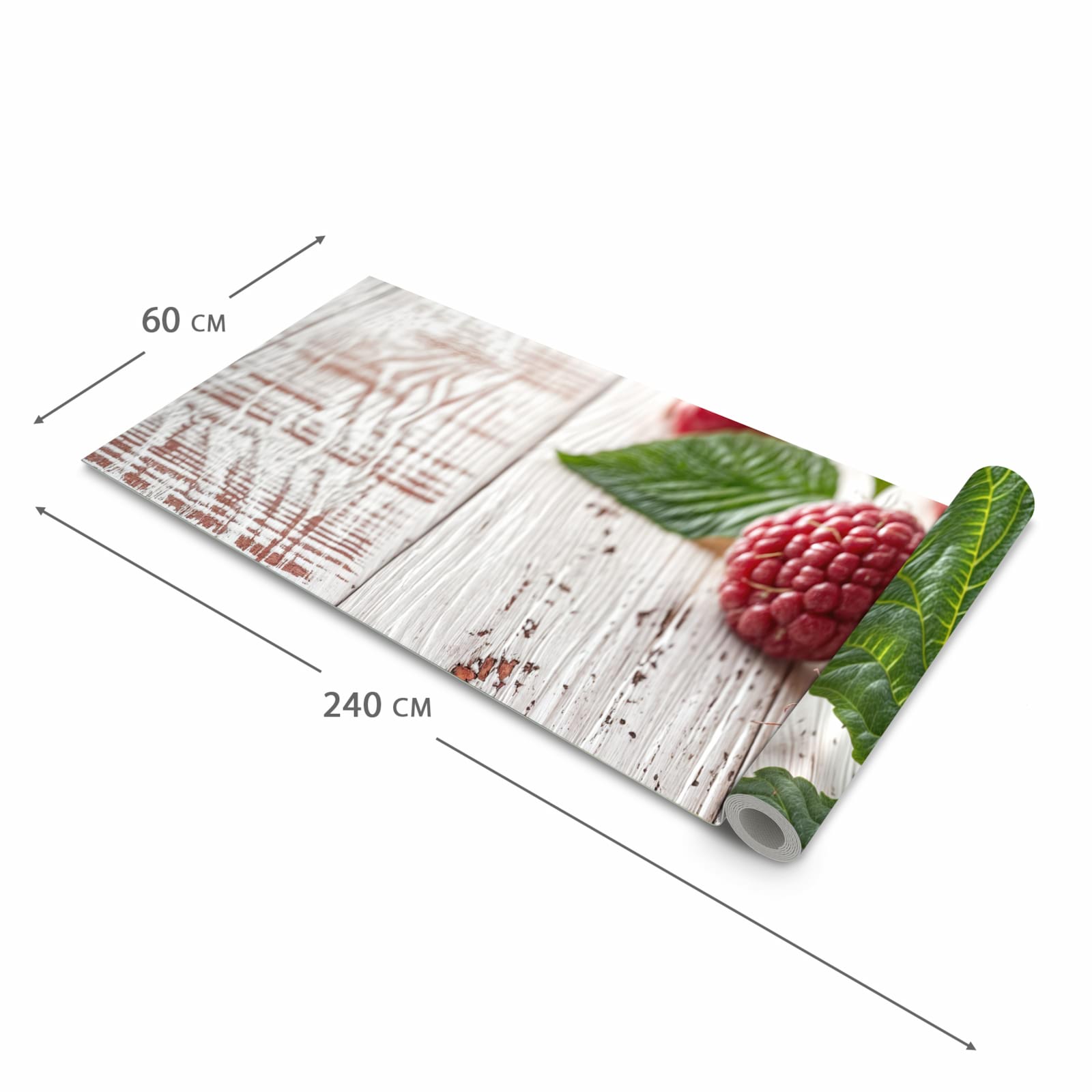 Schmutzabweisender Küchenläufer mit Motiv Himbeeren Holztisch in der Grösse 80x200 cm