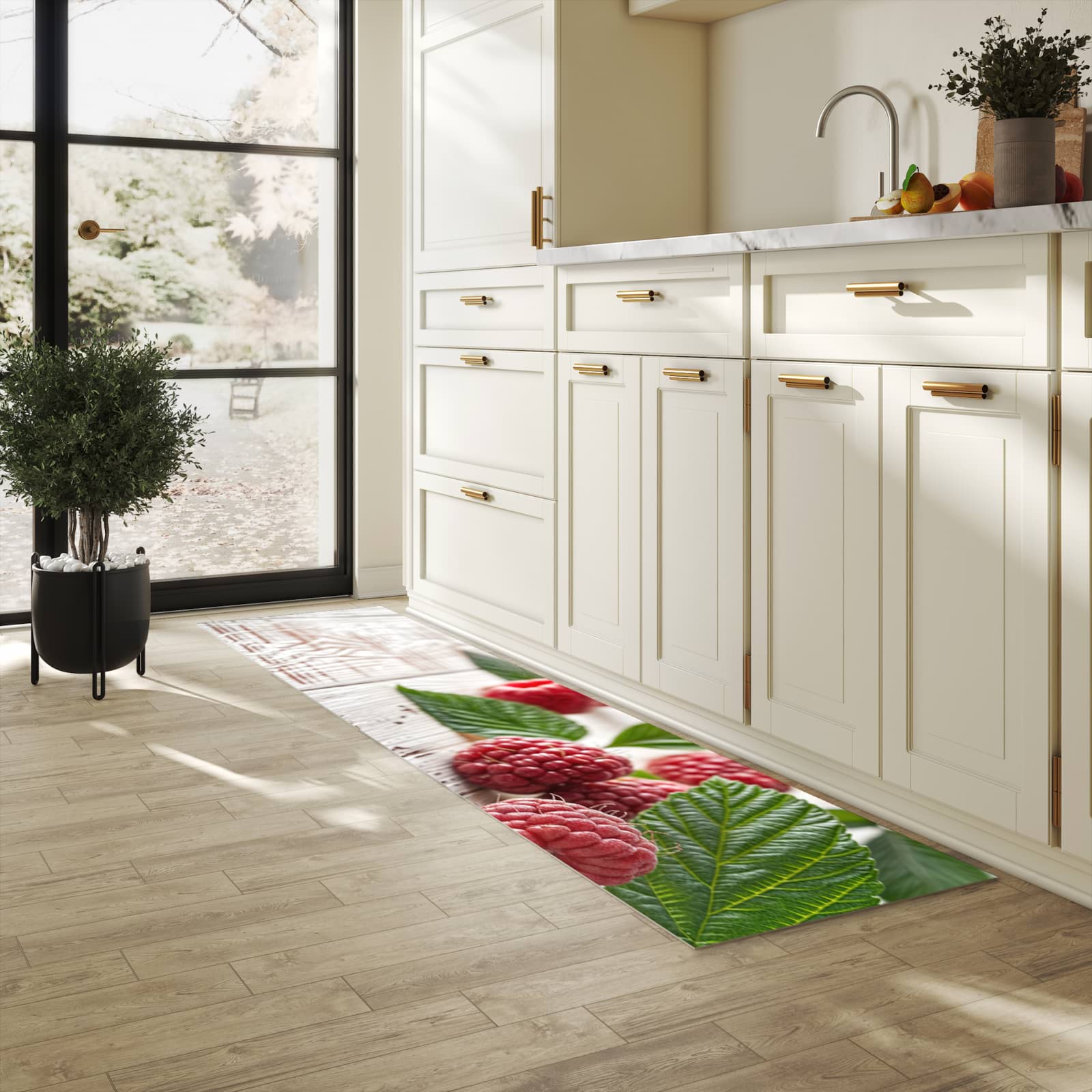 Pflegeleichter dünner Küchenteppich mit Motiv Himbeeren Holztisch in heller Küche