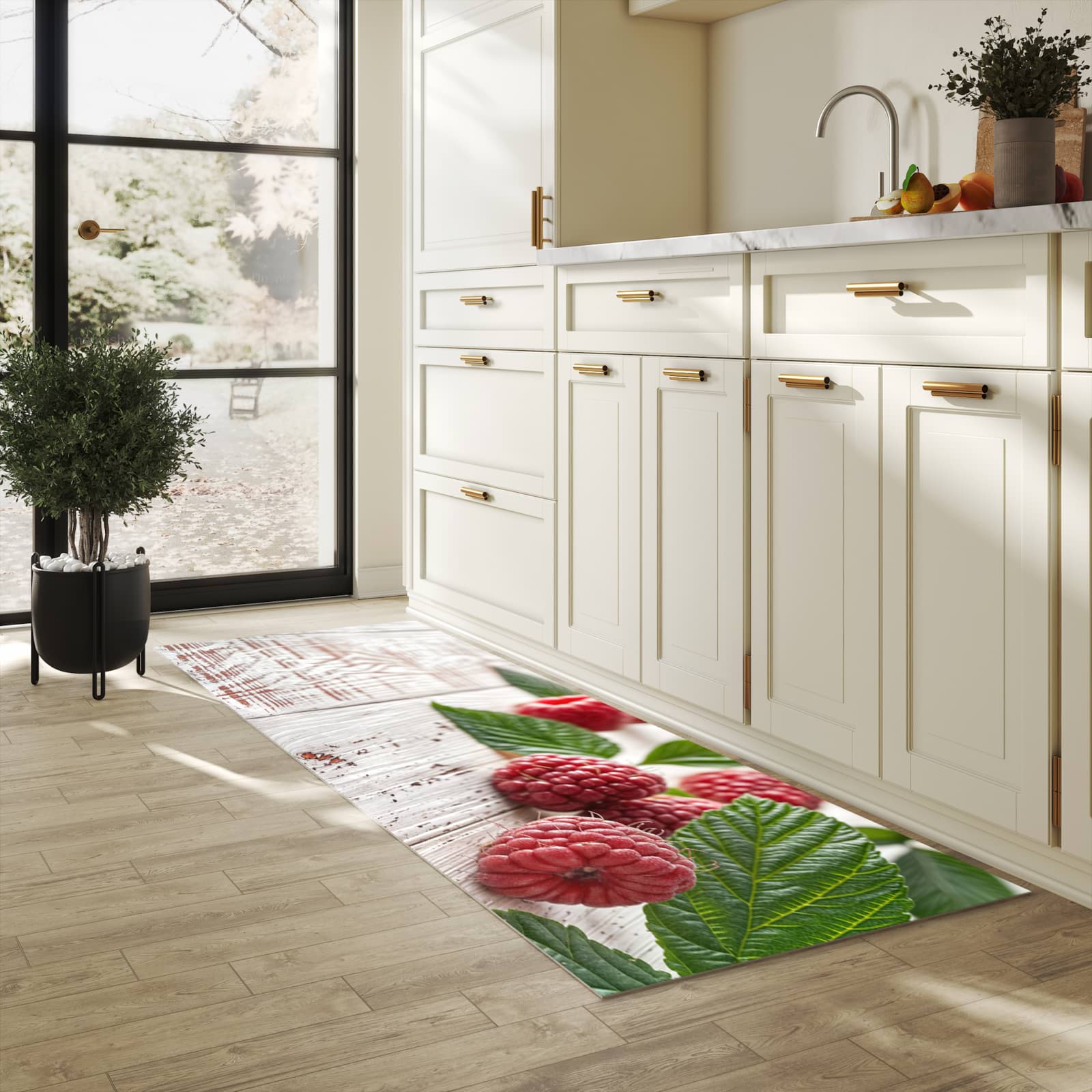 Bodenläufer mit Motiv Himbeeren Holztisch für angenehme Haptik in heller Küche