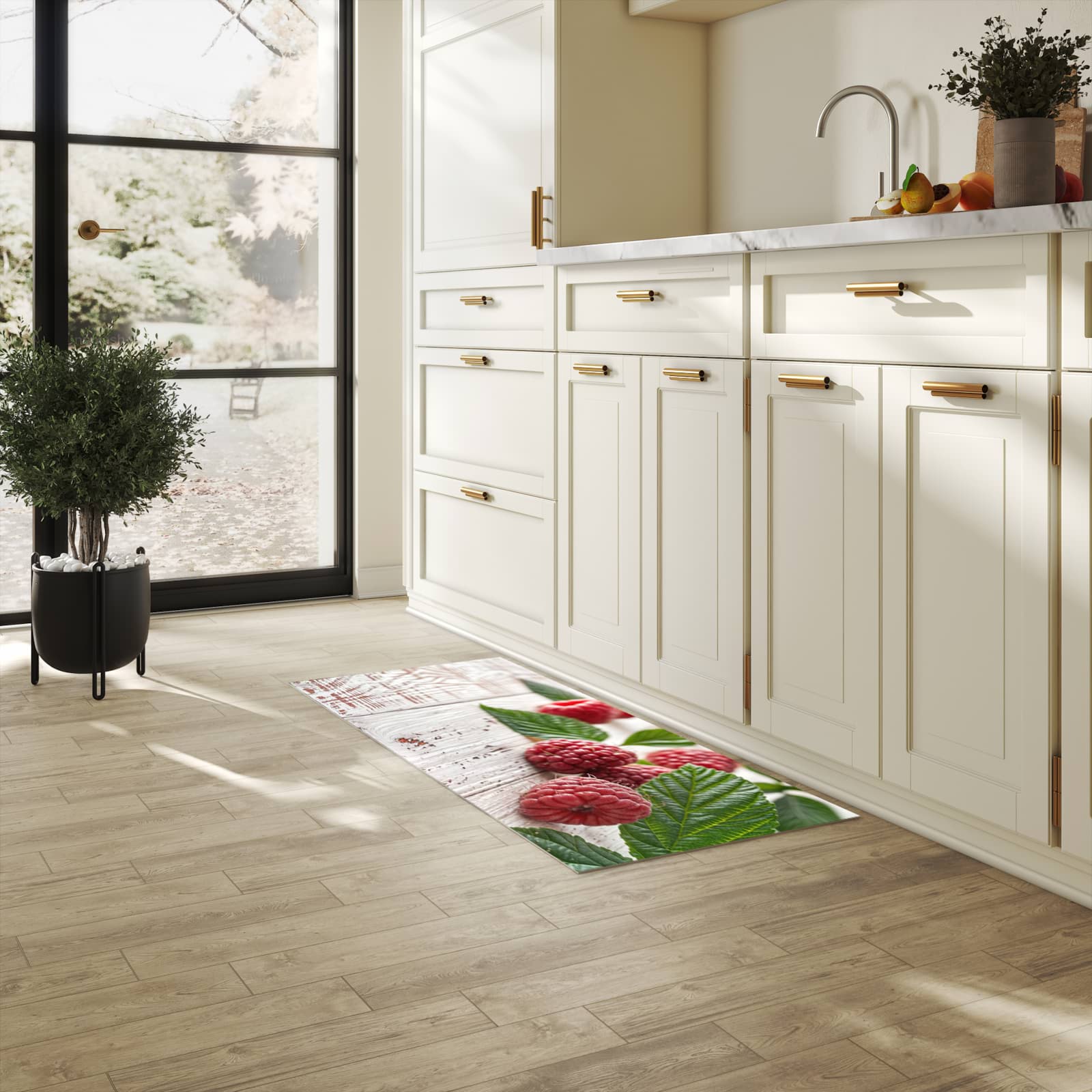 Geruchsneutraler rutschfester Läufer mit Motiv Himbeeren Holztisch in heller Küche
