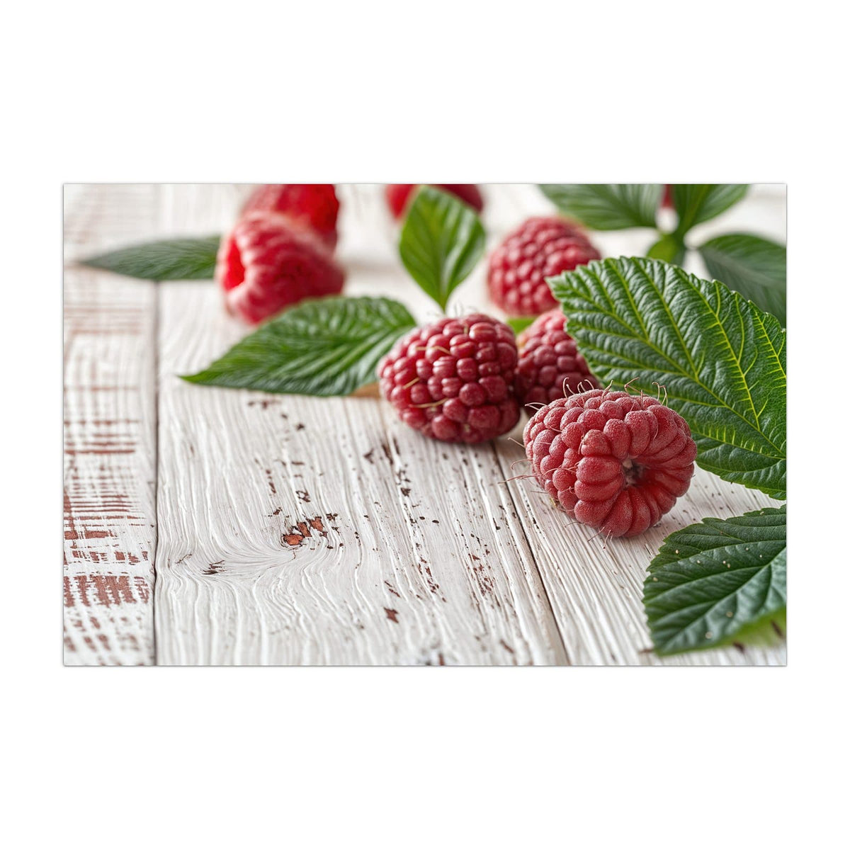 Küchenrückwand aus Glas Himbeeren auf Weiß im Hochformat, Motiv bildfüllend von vorn