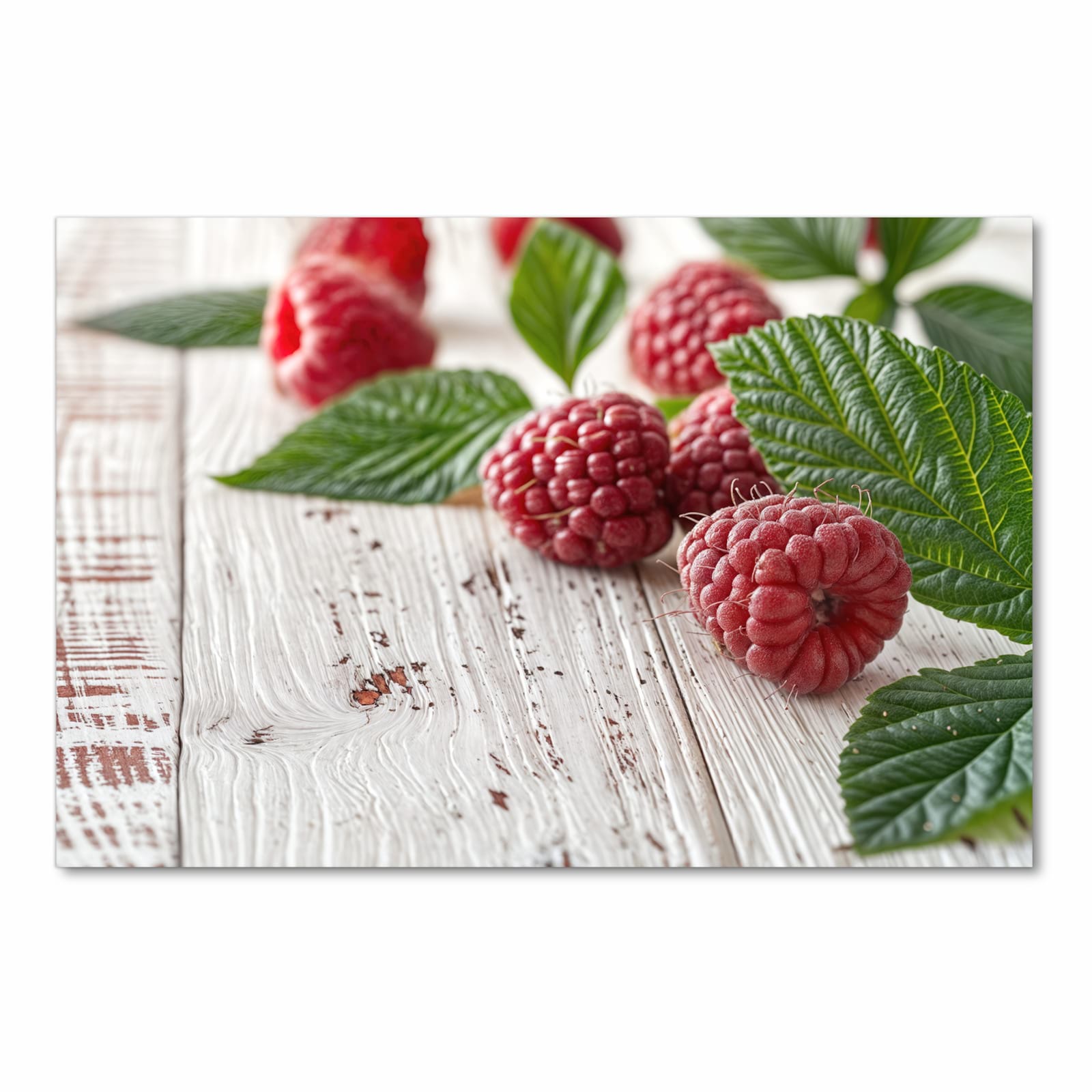 Rutschfester Teppich fürs Esszimmer mit Motiv Himbeeren Holztisch in Frontansicht, waschbar