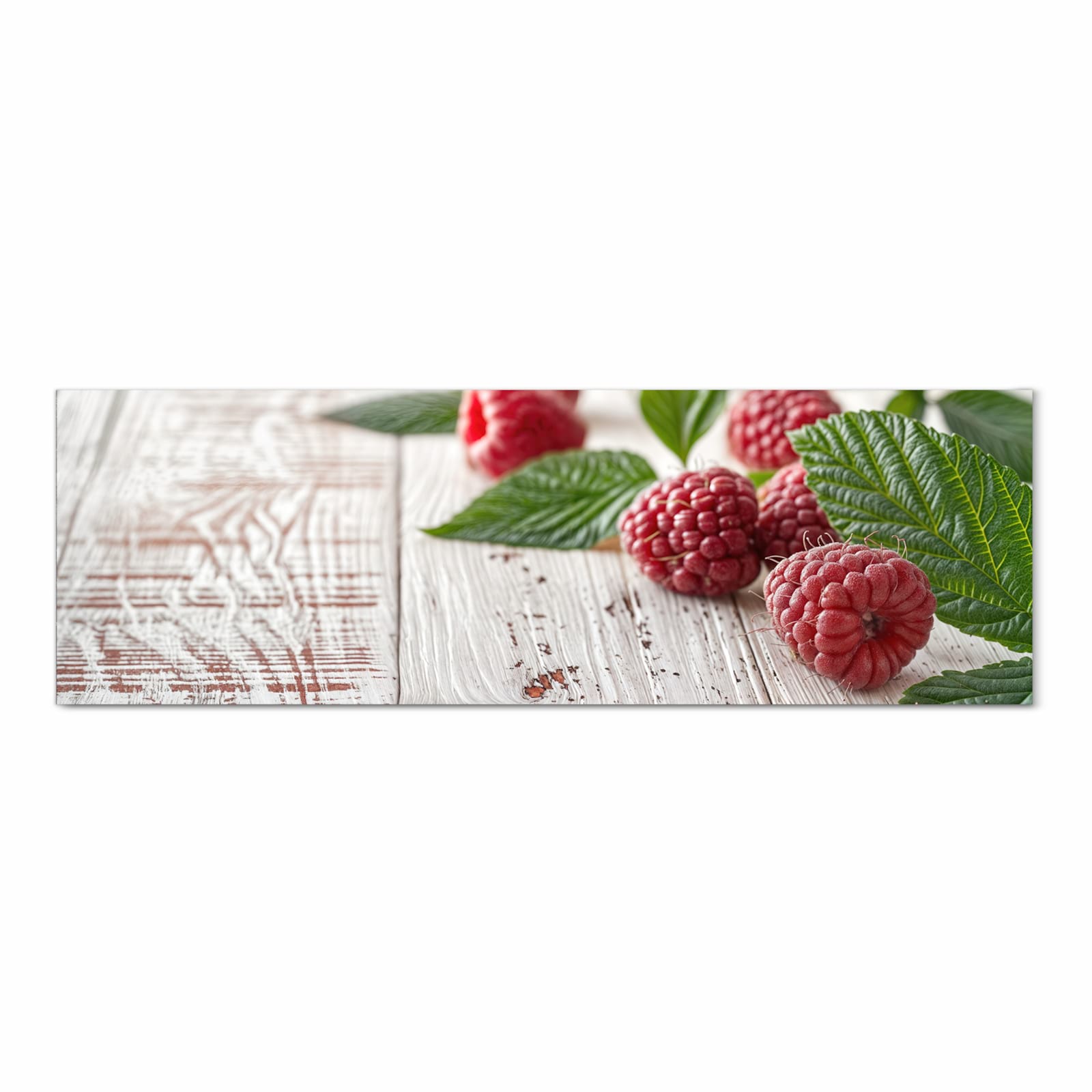 Feuchtigkeitsresistenter Teppich fürs Esstisch mit Motiv Himbeeren Holztisch in Frontansicht