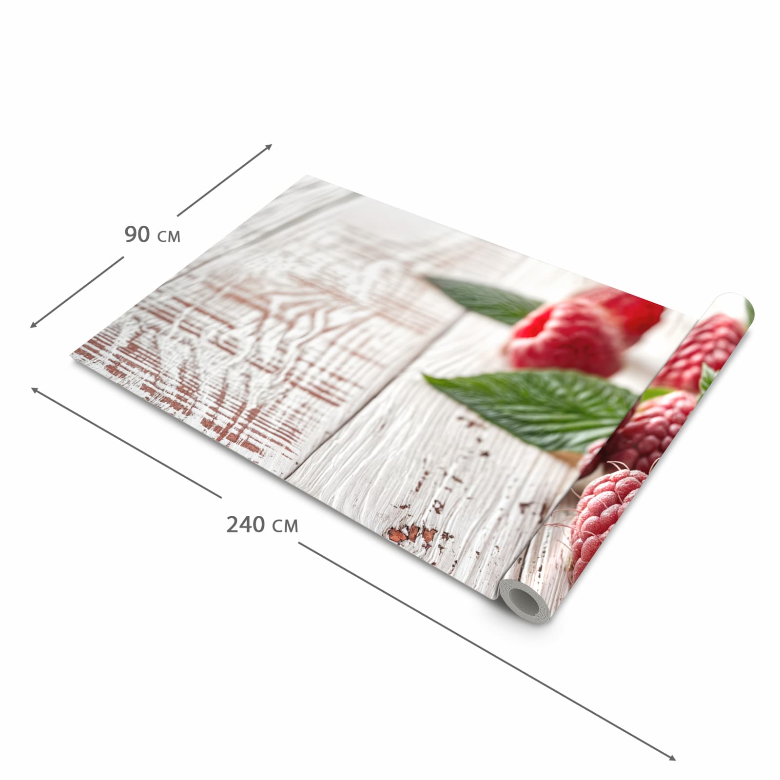 Hygienischer moderner Küchenläufer mit Motiv Himbeeren Holztisch in der Grösse 80x200 cm