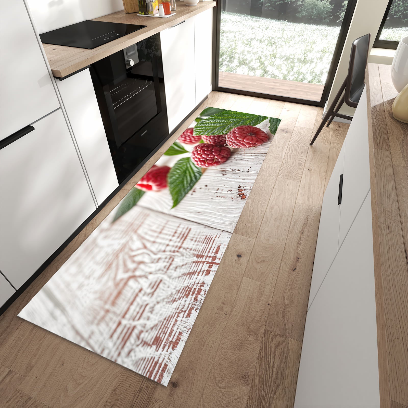 Langlebiger Küchenteppich mit Motiv Himbeeren Holztisch in moderner Küche