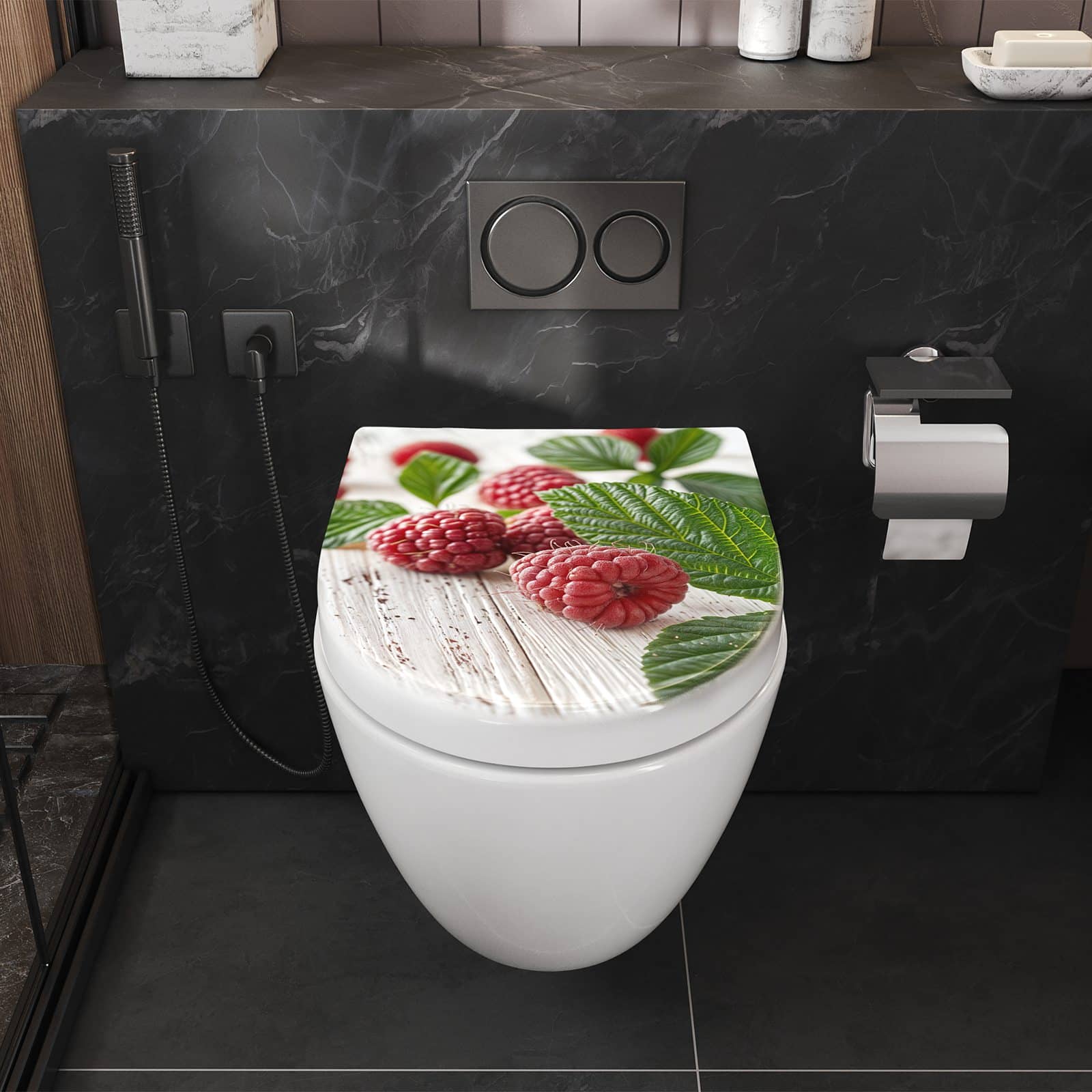 WC-Sitz mit Absenkautomatik Himbeeren Holztisch