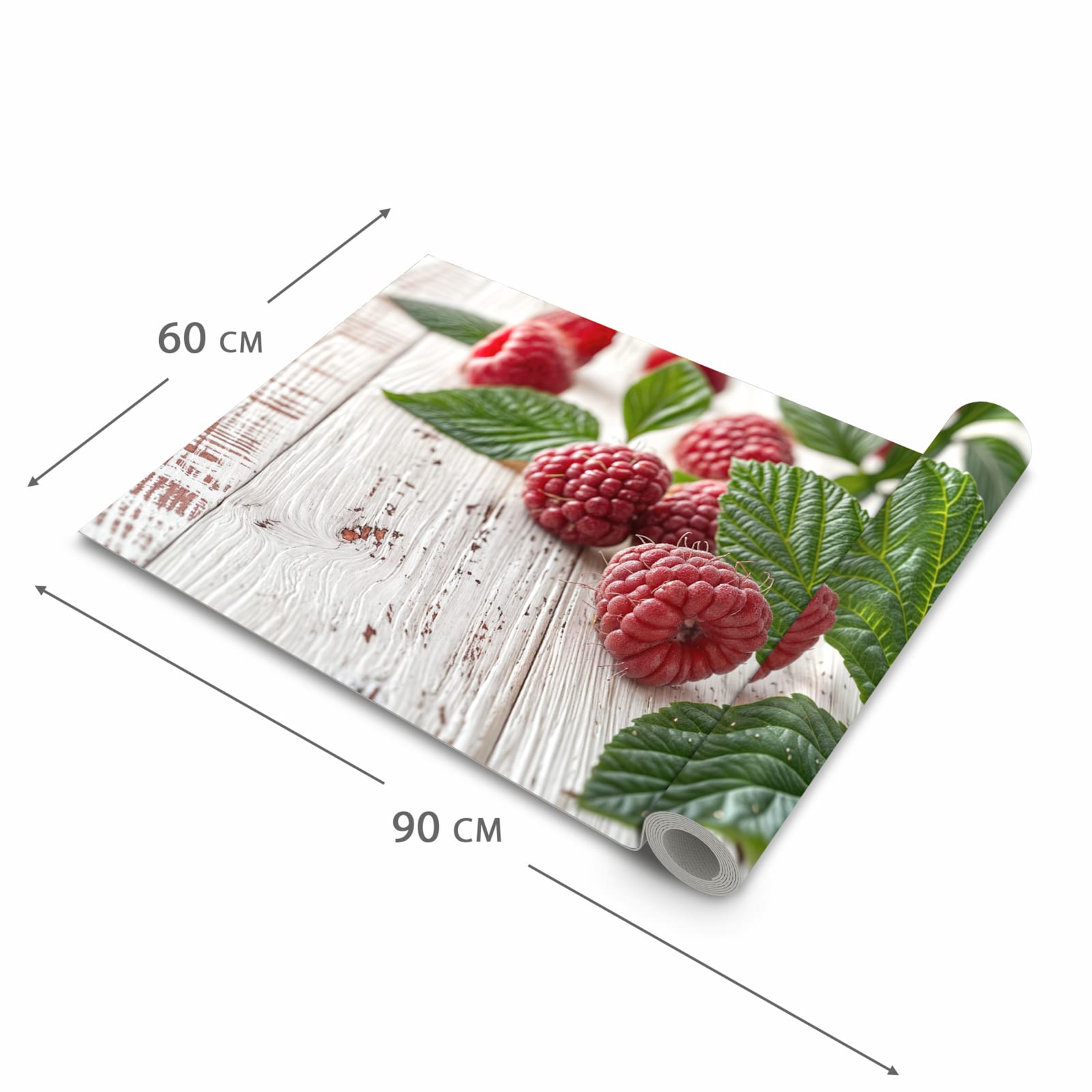 Flacher rutschfester Küchenläufer mit Motiv Himbeeren Holztisch in der Grösse 80x200 cm