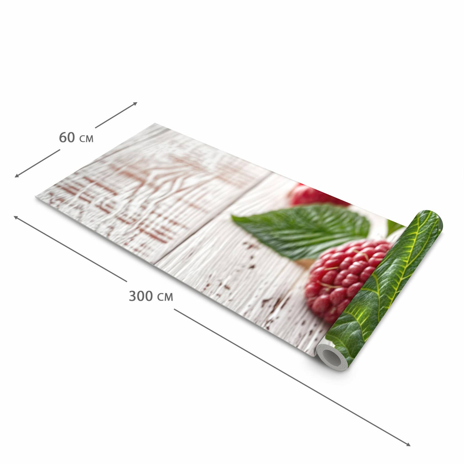 Langlebiger rutschfester Küchenläufer mit Motiv Himbeeren Holztisch in der Grösse 80x200 cm