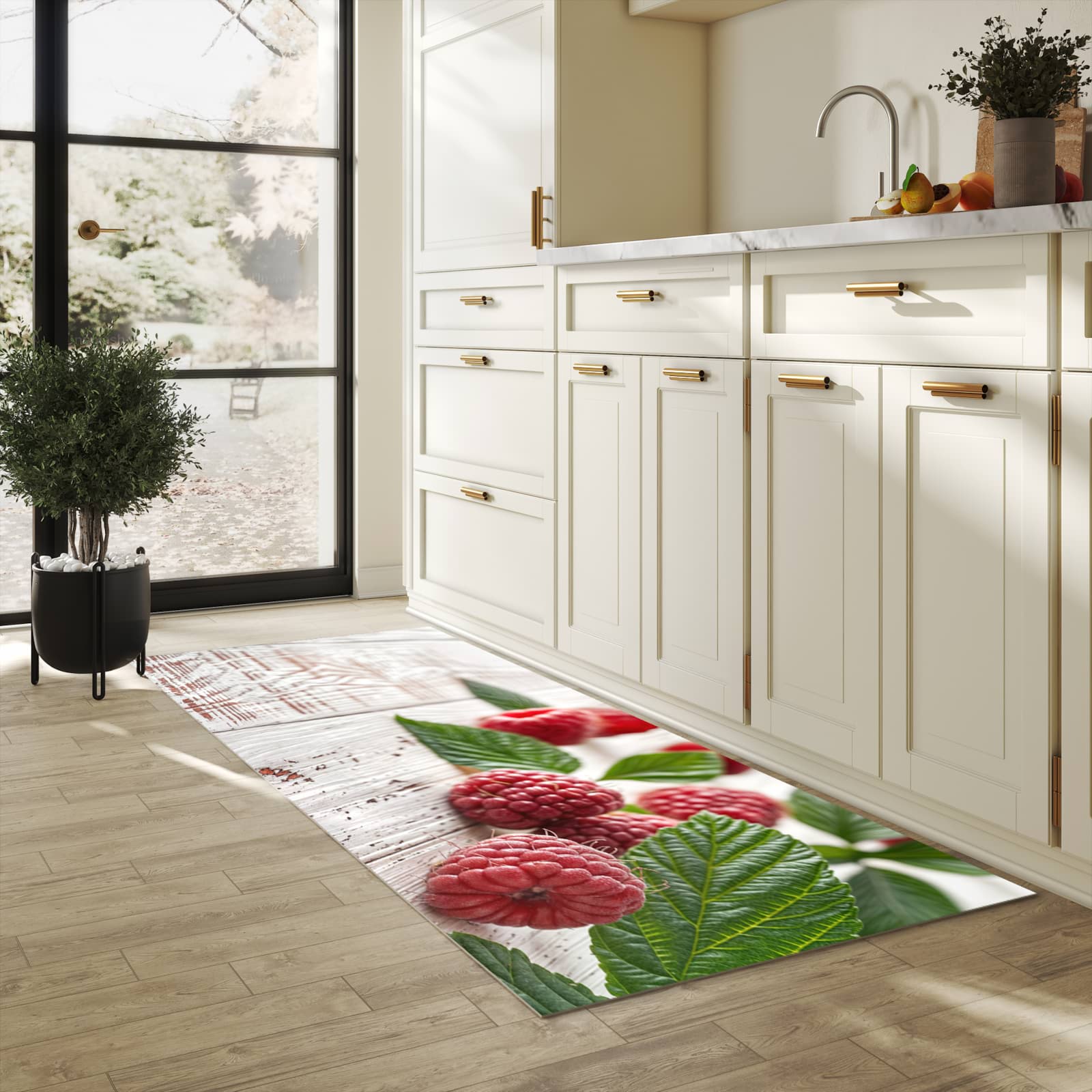 Langlebiger Küchenläufer mit Motiv Himbeeren Holztisch in heller Küche