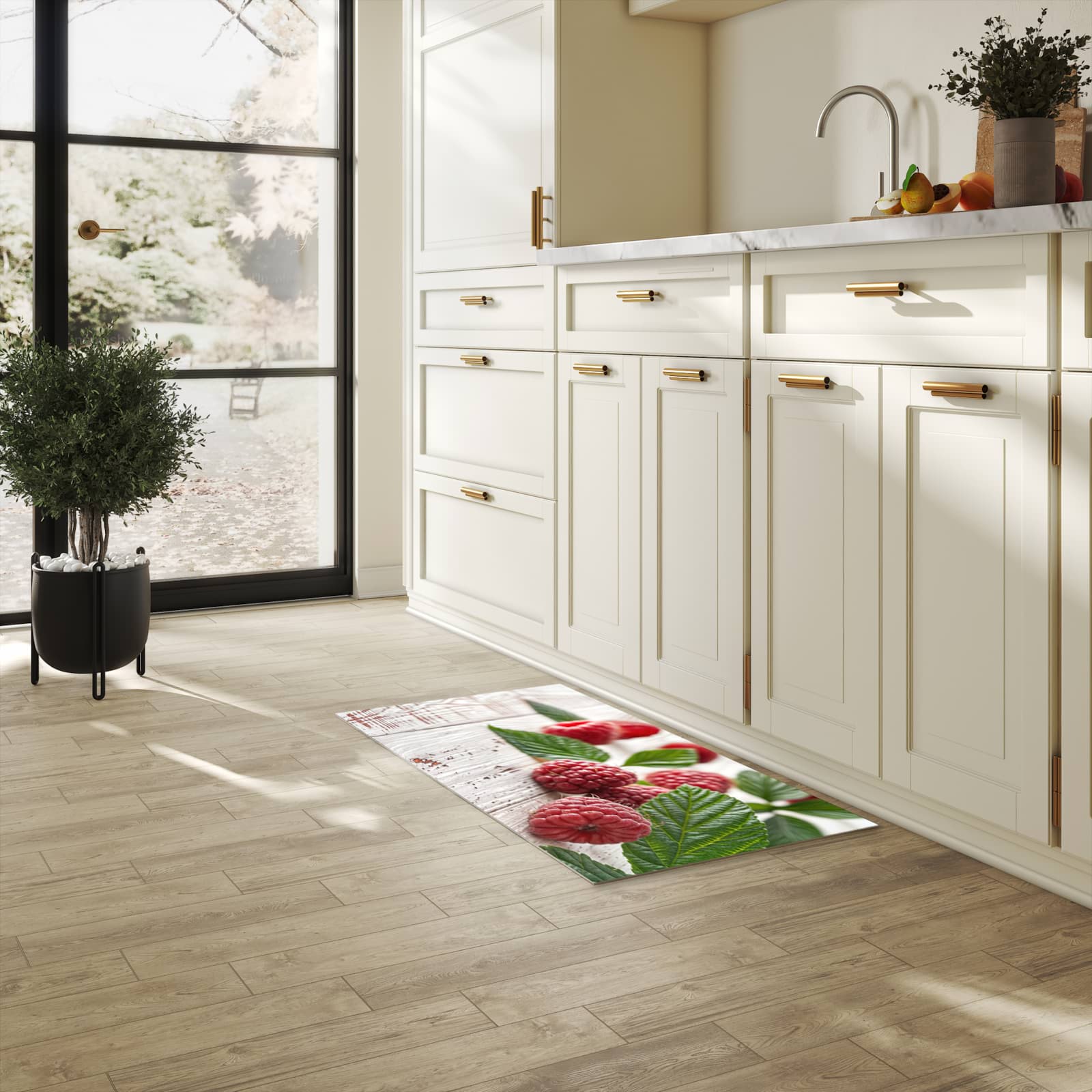 Schmutzabweisender Läufer mit Motiv Himbeeren Holztisch für Eingangsbereich in heller Küche