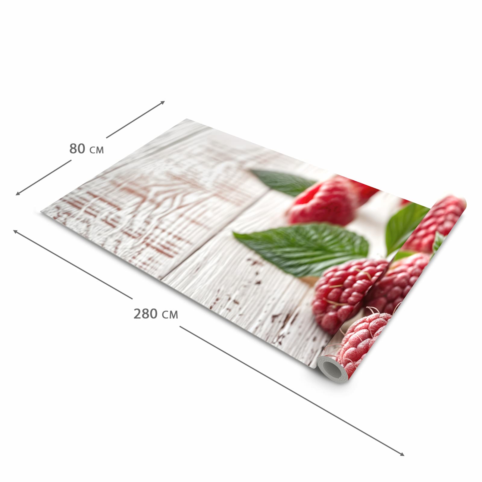 Rutschhemmender moderner Küchenläufer mit Motiv Himbeeren Holztisch in der Grösse 80x200 cm