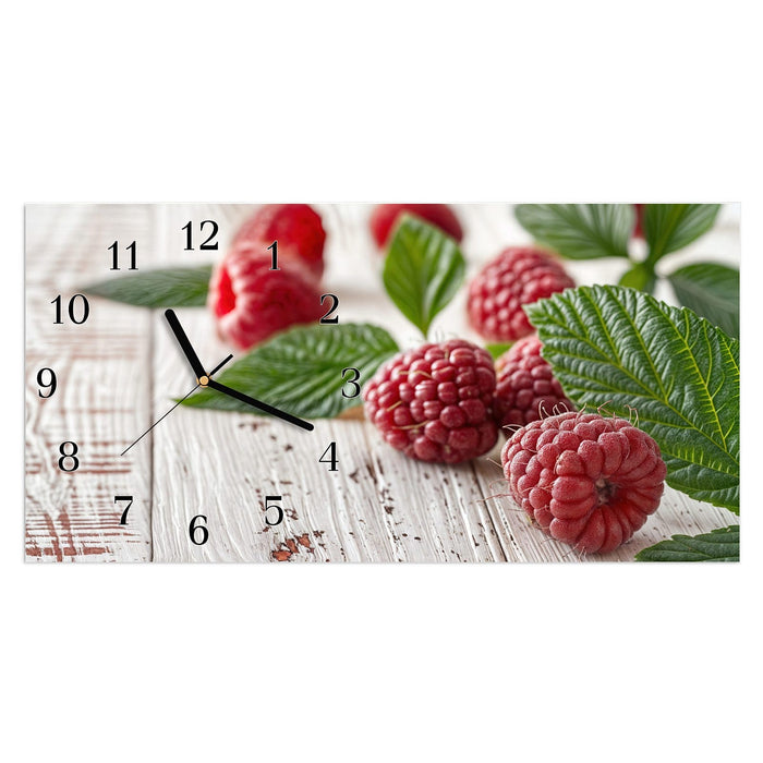 Wanduhr Himbeeren Holztisch aus Glas – Querformat 60 × 30 cm mit Ziffernblatt Klassisch