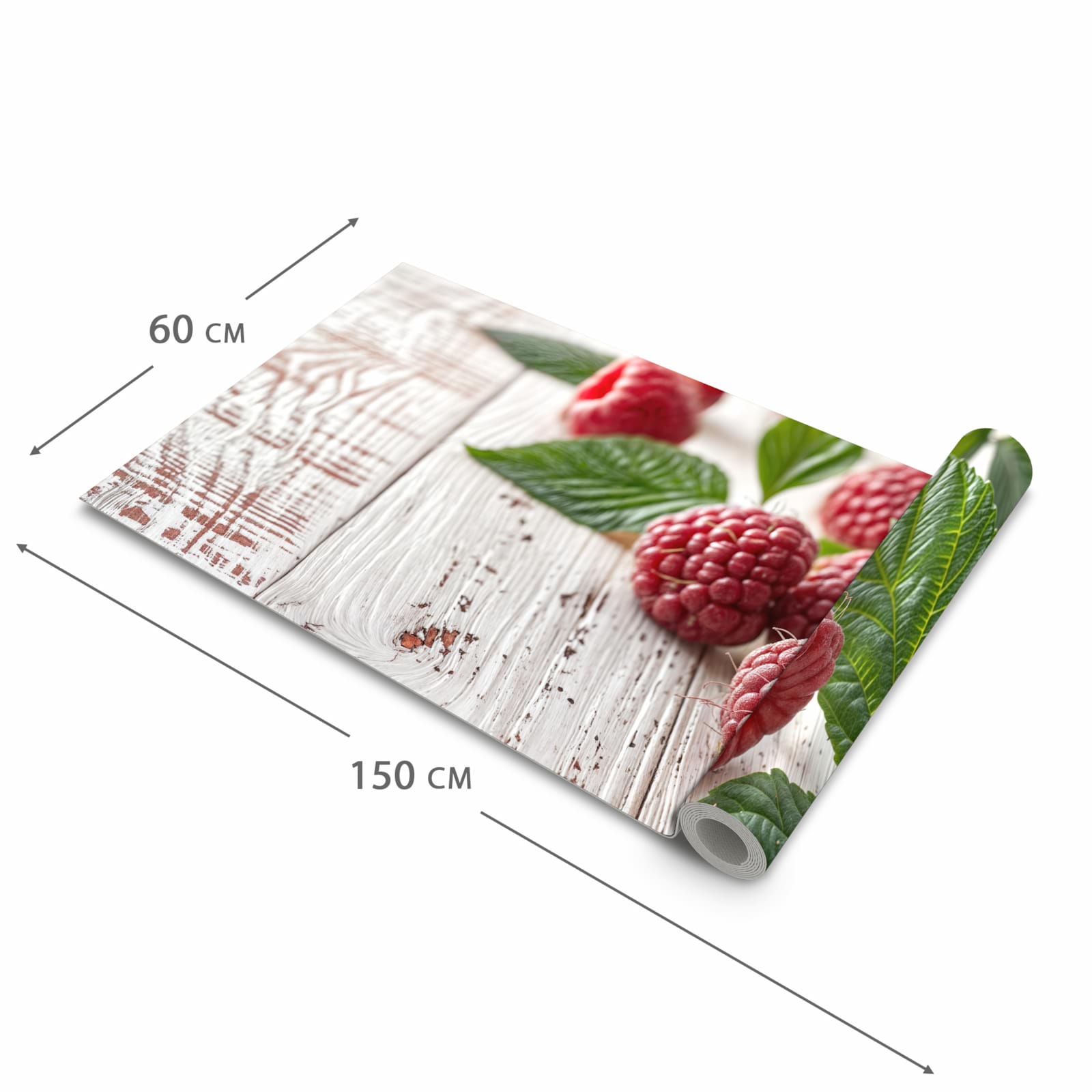 Wasserabweisender Küchenteppich mit Motiv Himbeeren Holztisch in der Größe 80x200 cm