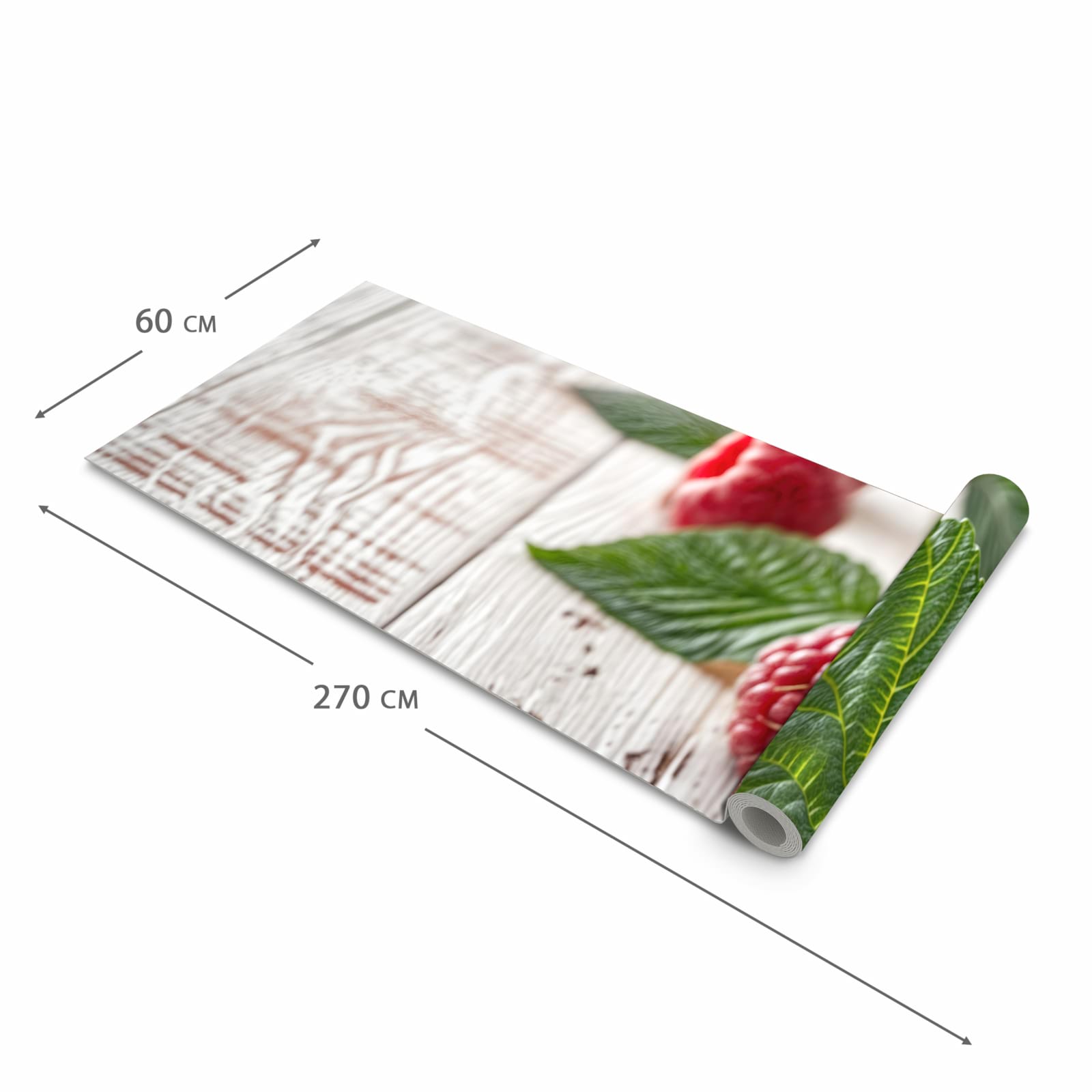 Geruchsneutraler rutschfester Küchenläufer mit Motiv Himbeeren Holztisch in der Grösse 80x200 cm