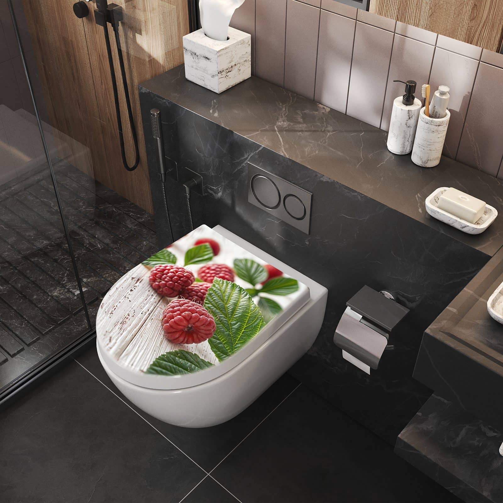 WC-Sitz mit Absenkautomatik Himbeeren Holztisch