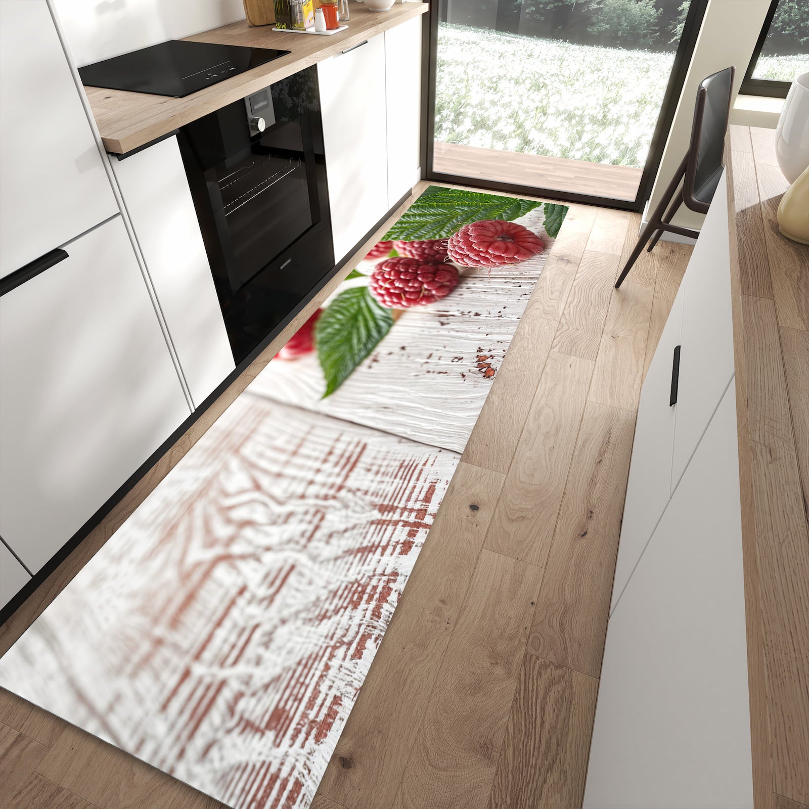 Pflegeleichter Küchenteppich mit Motiv Himbeeren Holztisch in moderner Küche