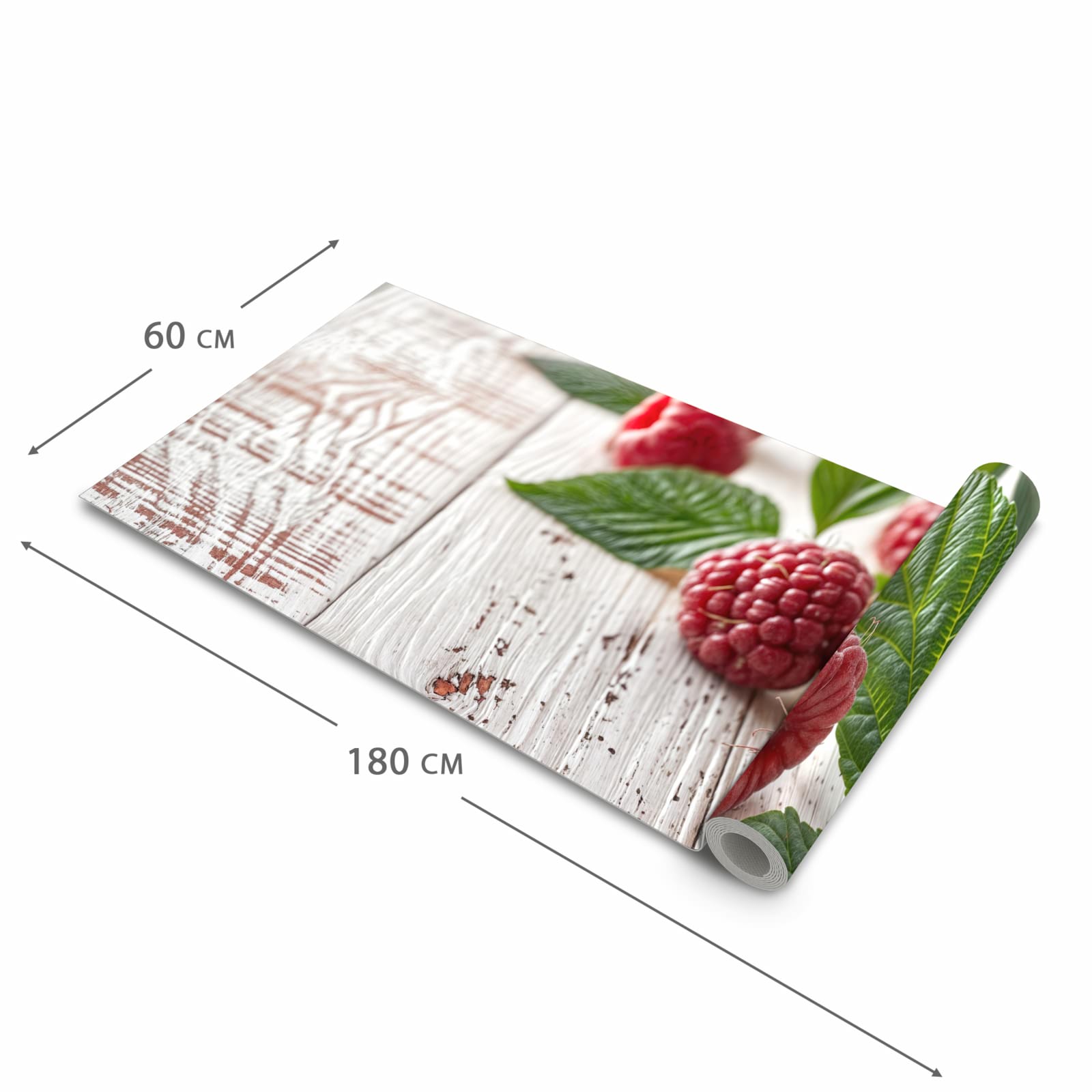 Fleckenresistenter Küchenläufer mit Motiv Himbeeren Holztisch in der Grösse 80x200 cm