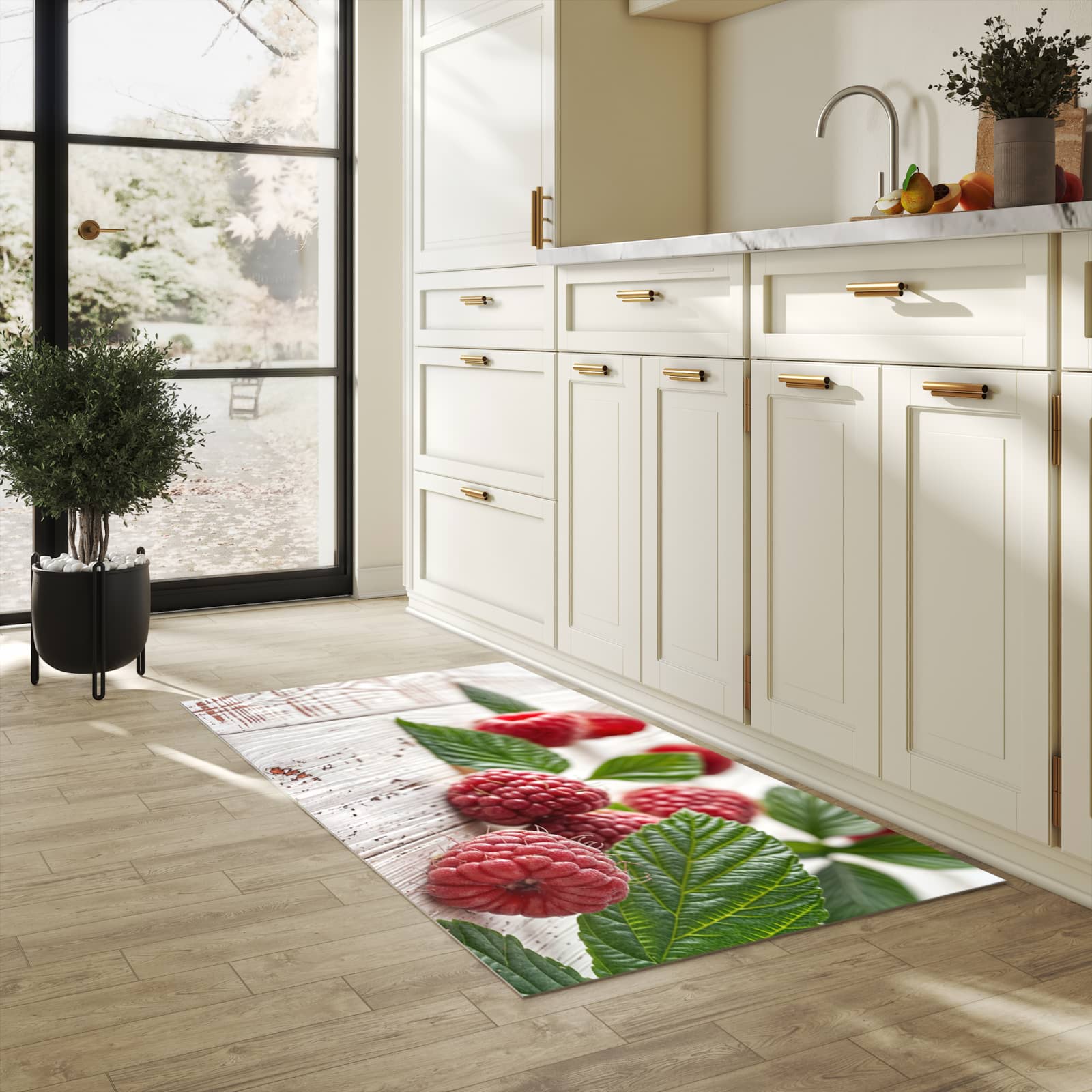 Waschbarer Küchenteppich mit Motiv Himbeeren Holztisch in heller Küche