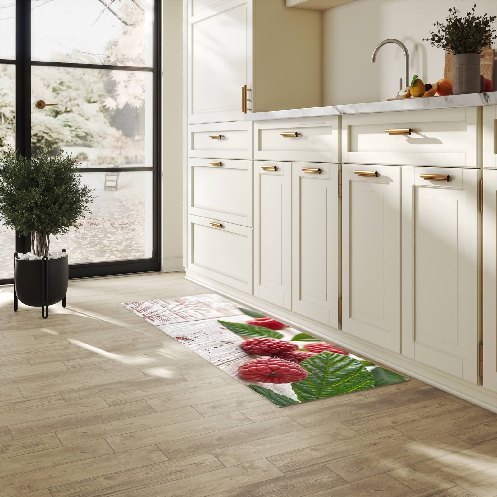 Langlebiger dünner Küchenteppich mit Motiv Himbeeren Holztisch in heller Küche