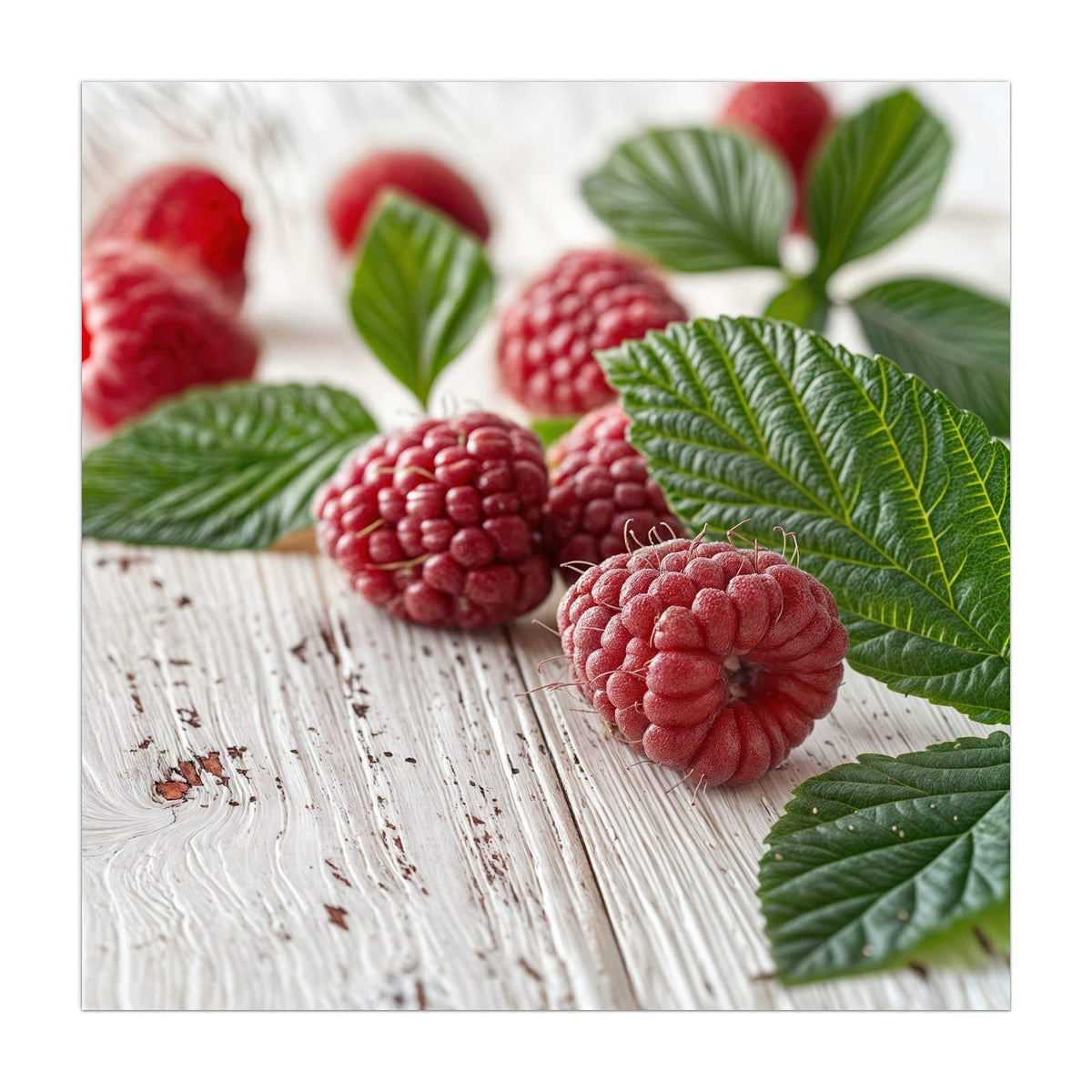 Küchenrückwand aus Glas Himbeeren auf Weiß im quadratischen Format, Motiv bildfüllend von vorn
