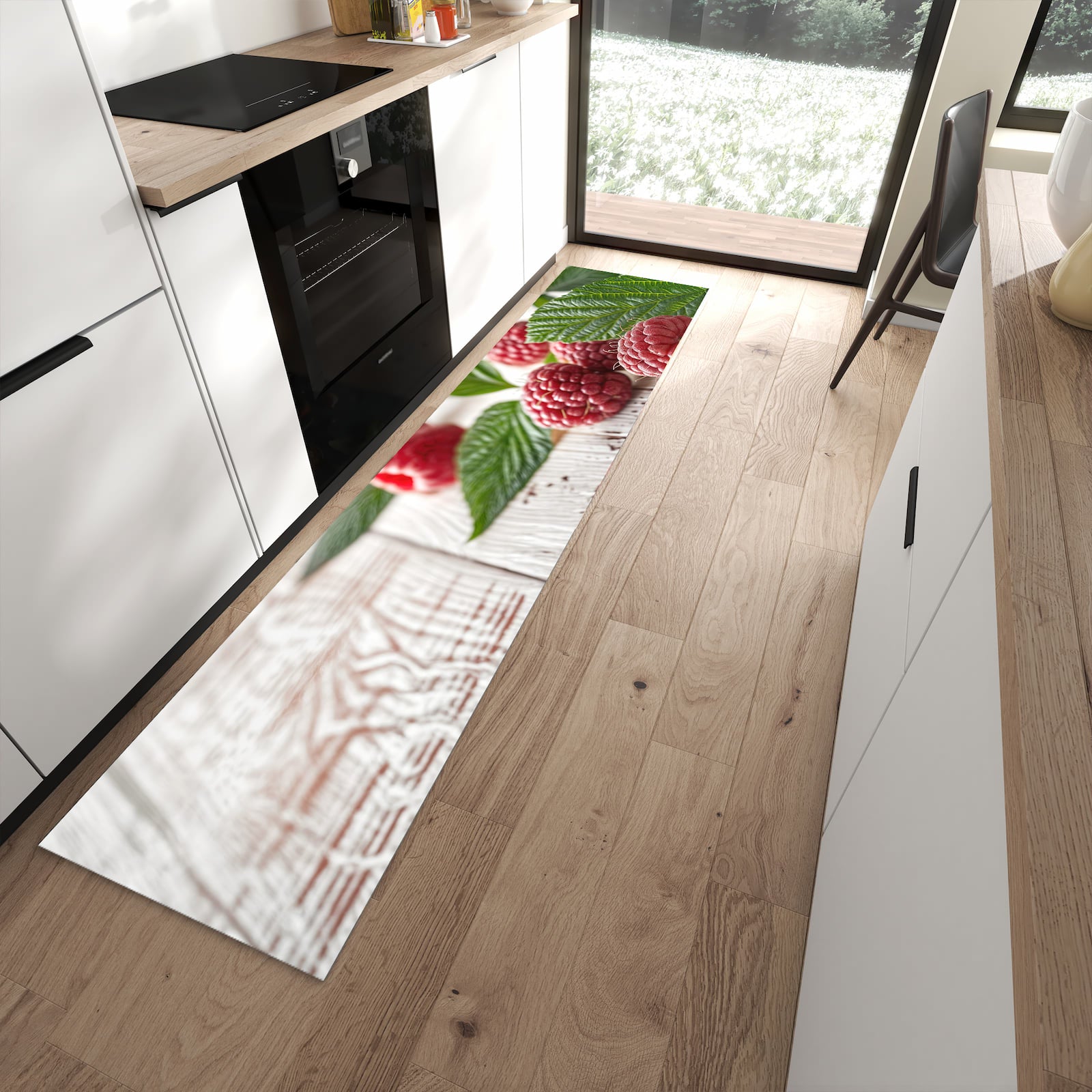 Wasserabweisender Küchenteppich mit Motiv Himbeeren Holztisch in moderner Küche