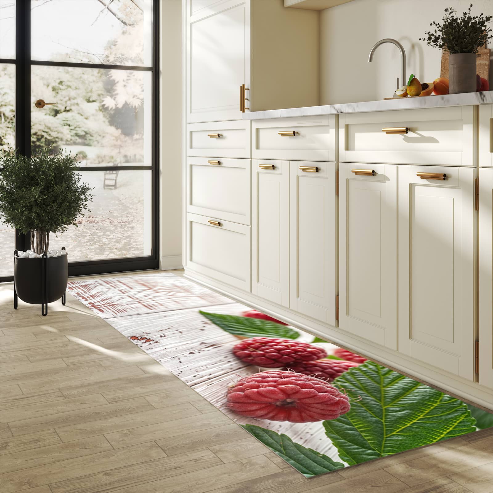 Strapazierfähiger Küchenteppich mit Motiv Himbeeren Holztisch in heller Küche
